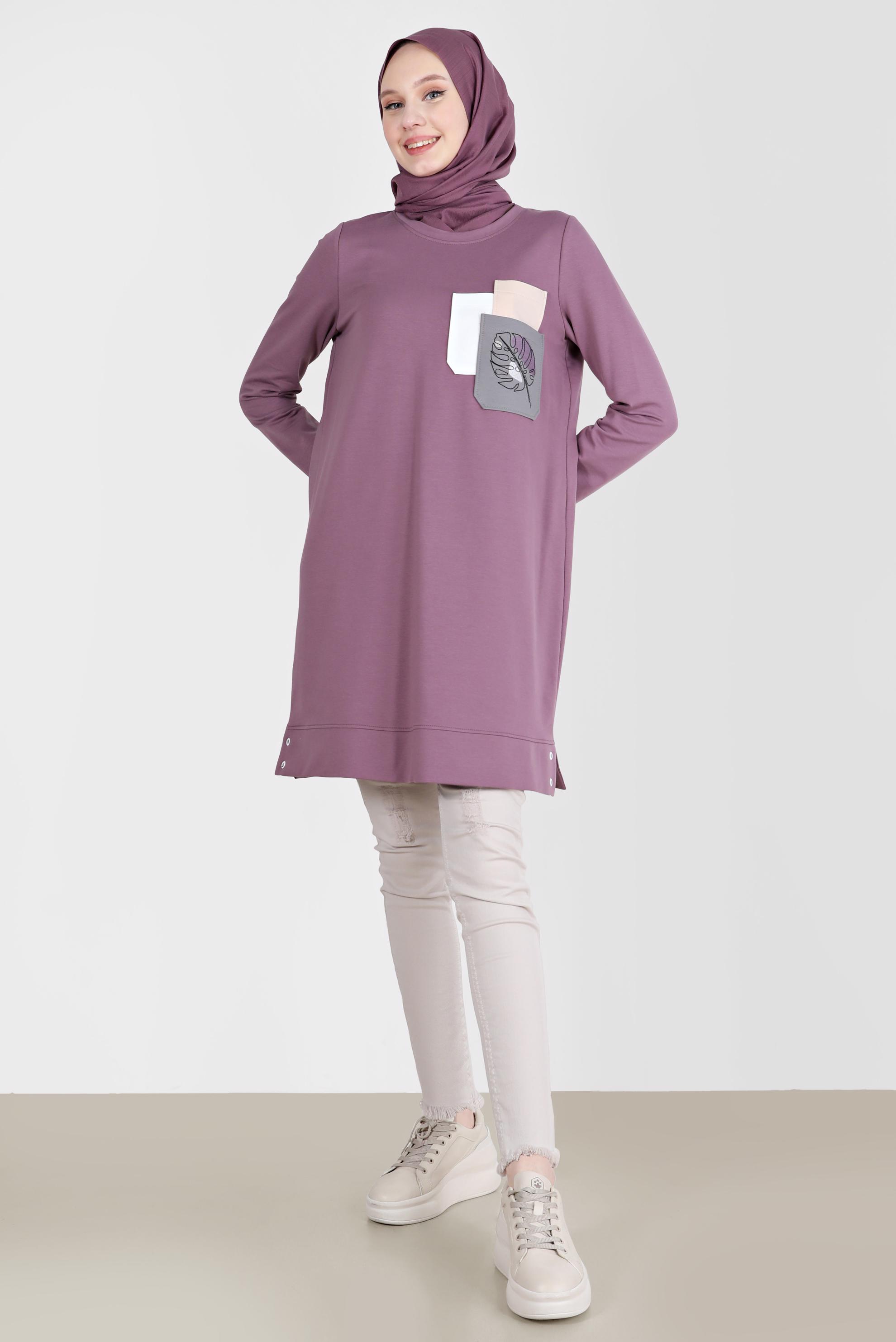 Tesettür giyim MOR BASKI DETAYLI EŞOFMAN TUNİK 42275 