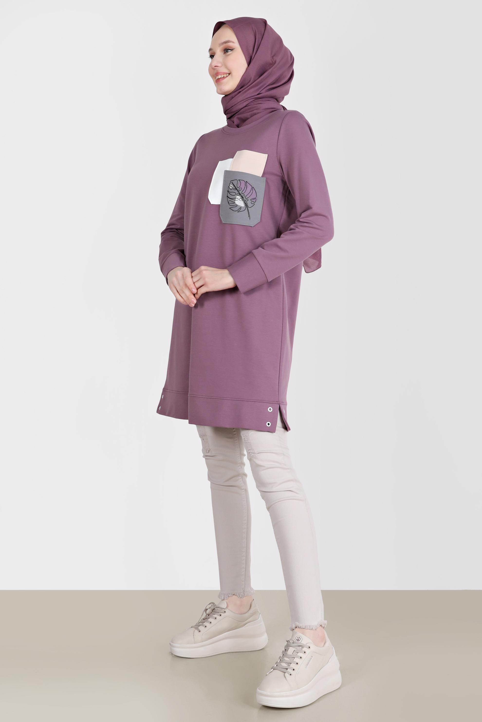 Tesettür giyim MOR BASKI DETAYLI EŞOFMAN TUNİK 42275 
