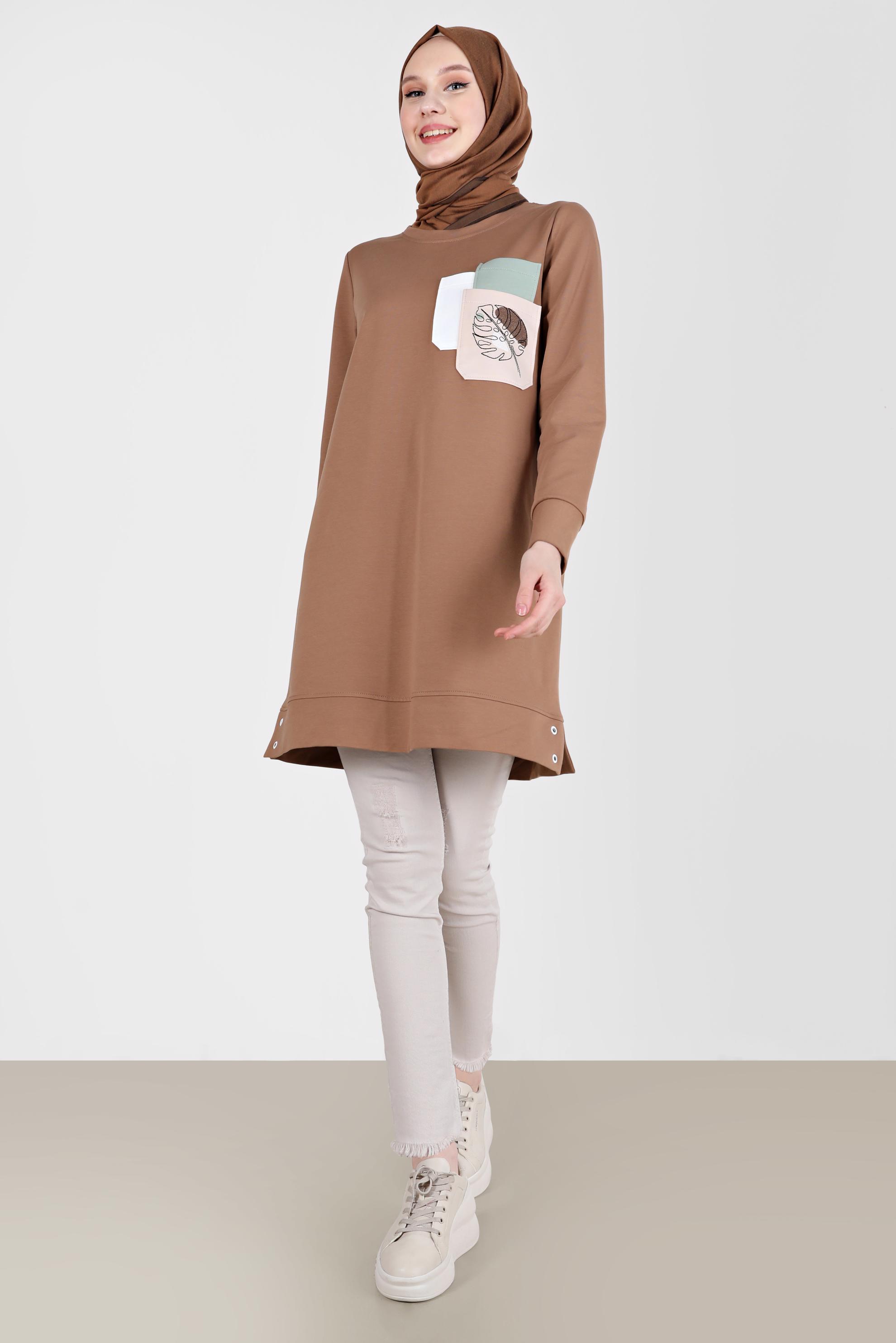 Tesettür giyim KAHVE BASKI DETAYLI EŞOFMAN TUNİK 42275 