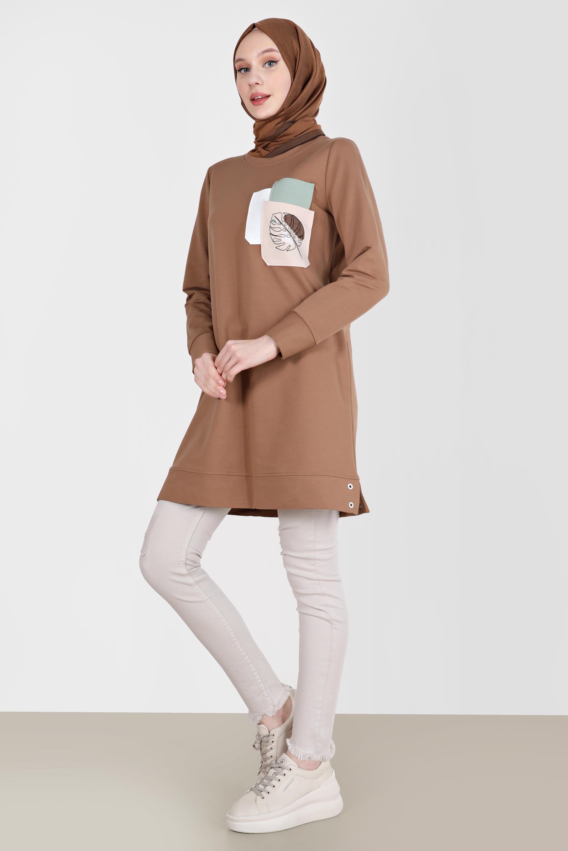 Tesettür giyim KAHVE BASKI DETAYLI EŞOFMAN TUNİK 42275 