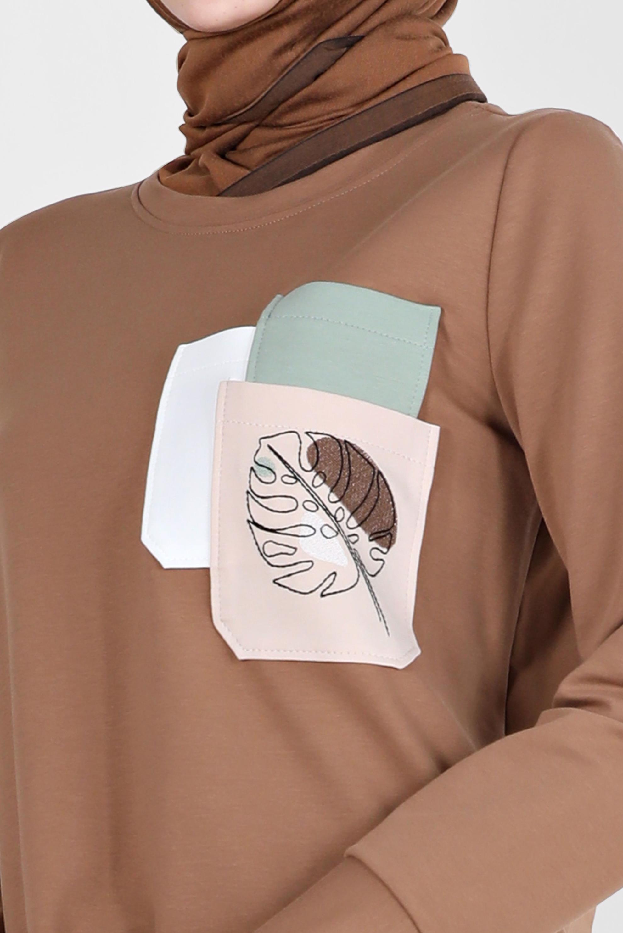 Tesettür giyim KAHVE BASKI DETAYLI EŞOFMAN TUNİK 42275 