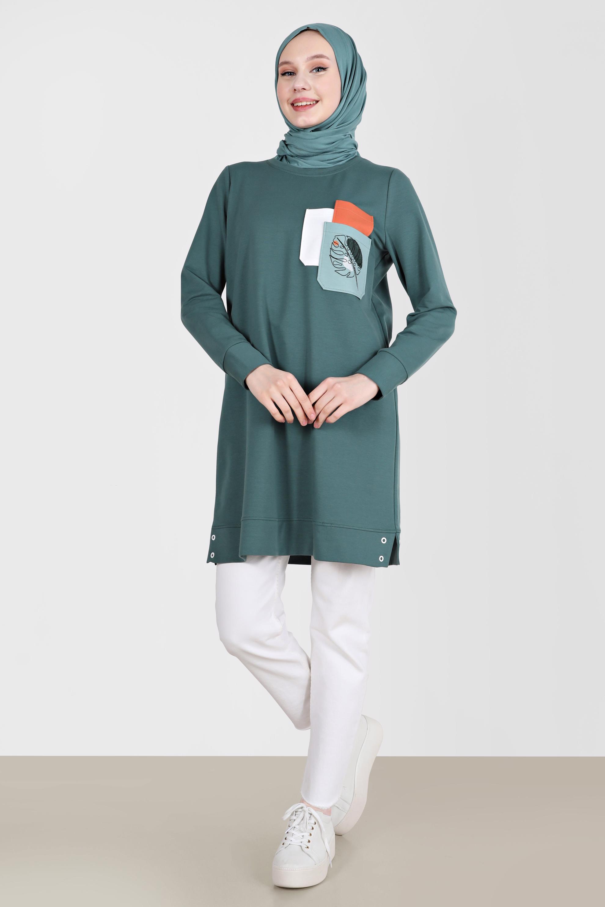Tesettür giyim YEŞİL BASKI DETAYLI EŞOFMAN TUNİK 42275 
