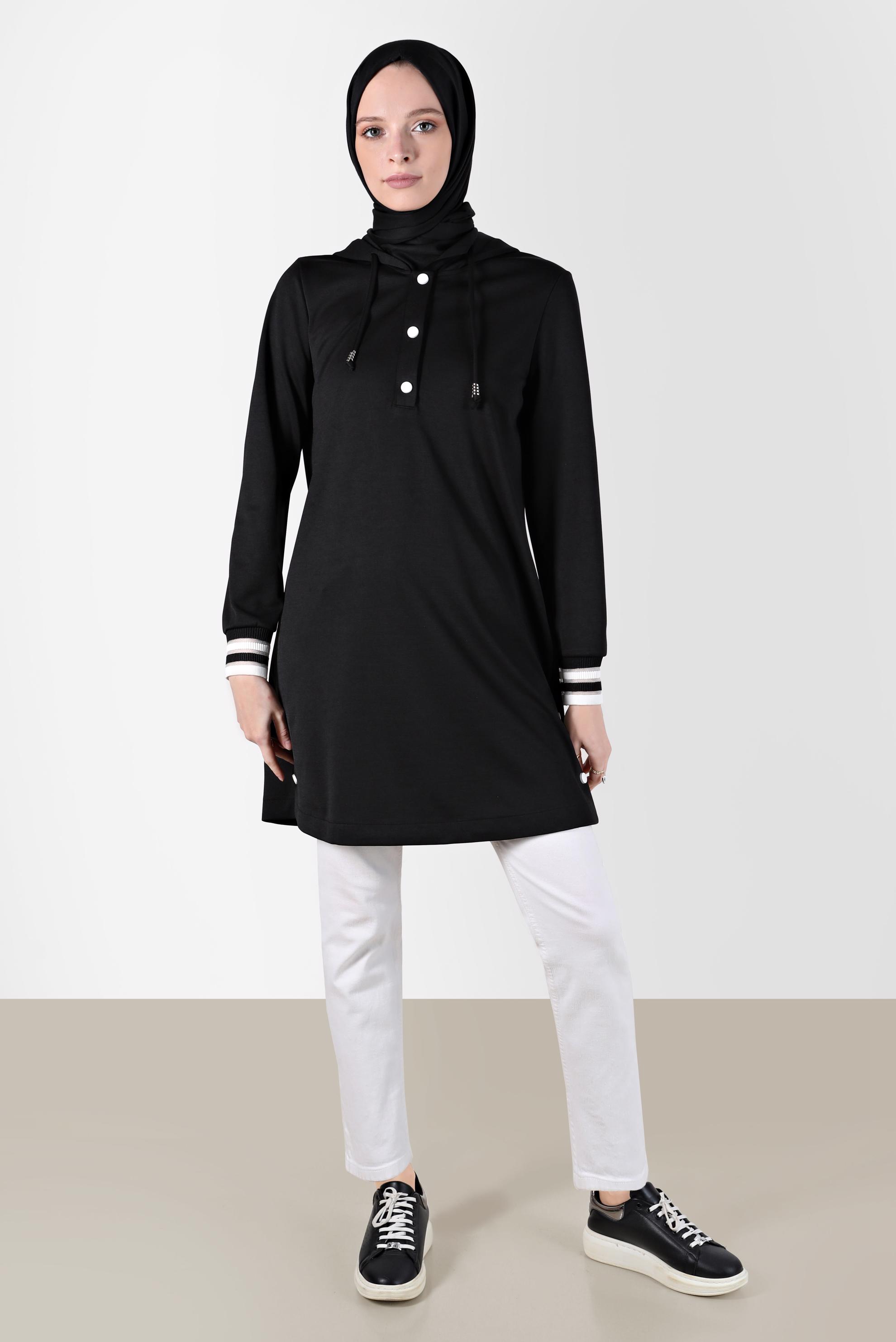 Tesettür giyim SİYAH KAPÜŞONLU ÇITÇITLI EŞOFMAN TUNİK 42570 
