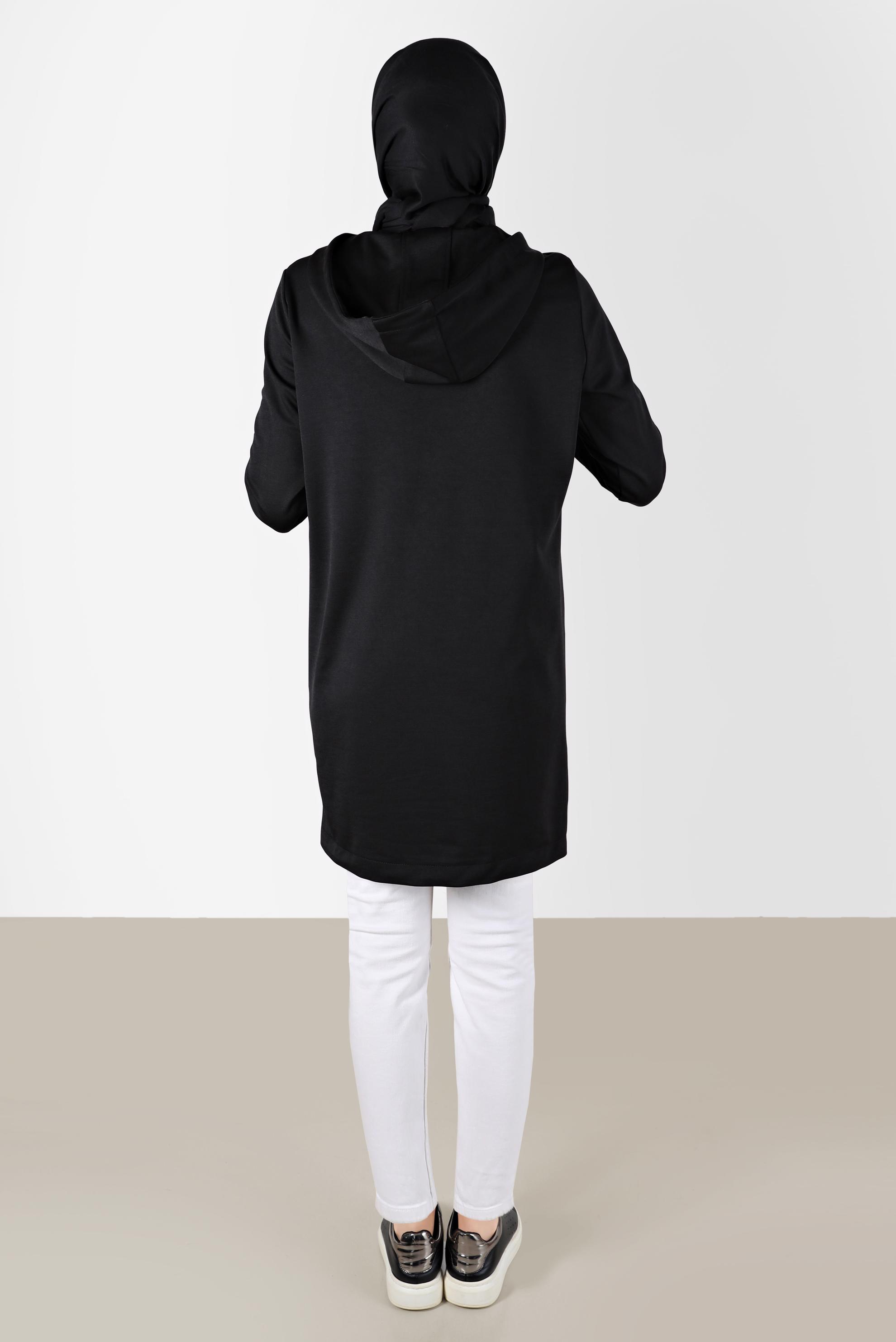 Tesettür giyim SİYAH KAPÜŞONLU ÇITÇITLI EŞOFMAN TUNİK 42570 