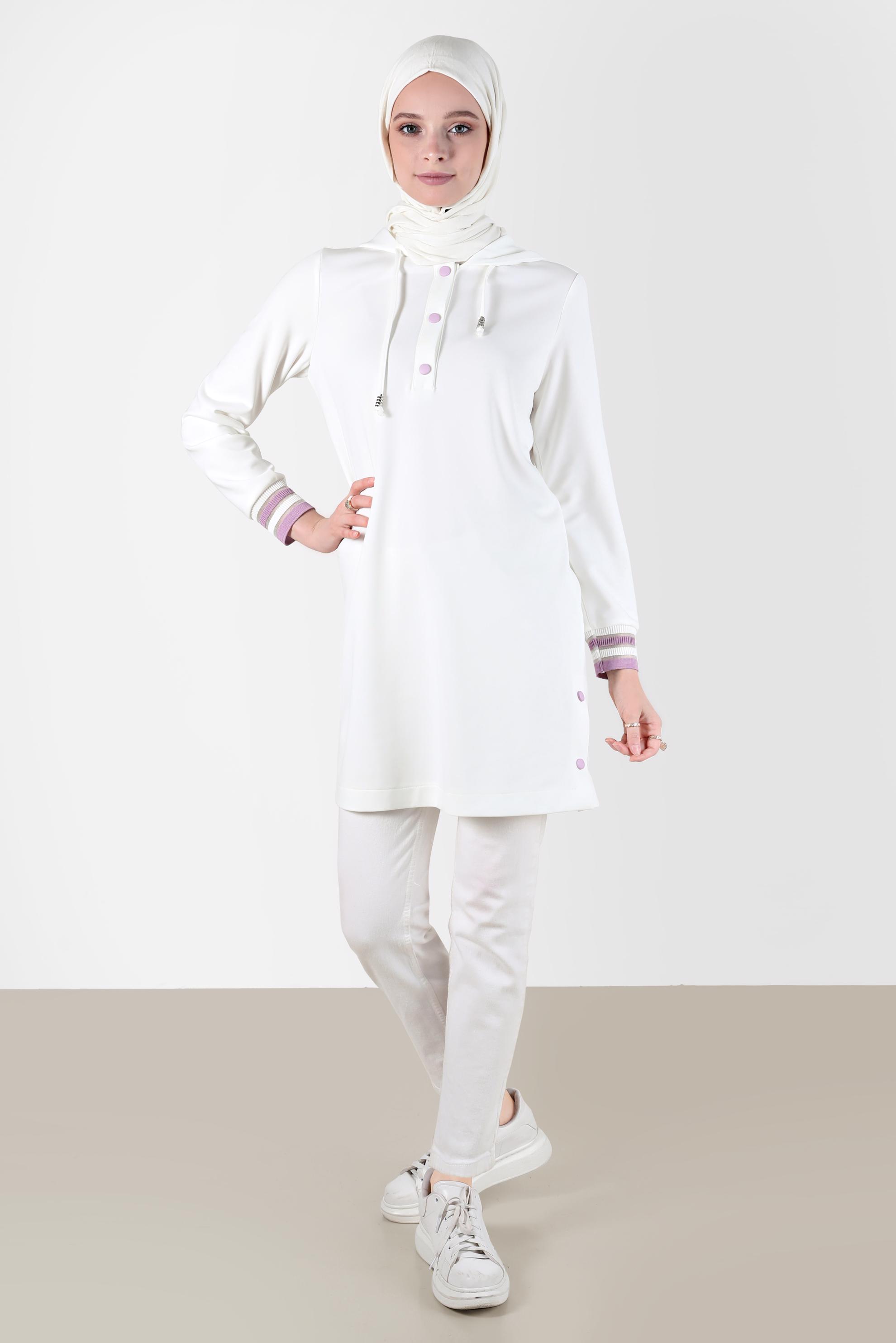 Tesettür giyim BEYAZ KAPÜŞONLU ÇITÇITLI EŞOFMAN TUNİK 42570 