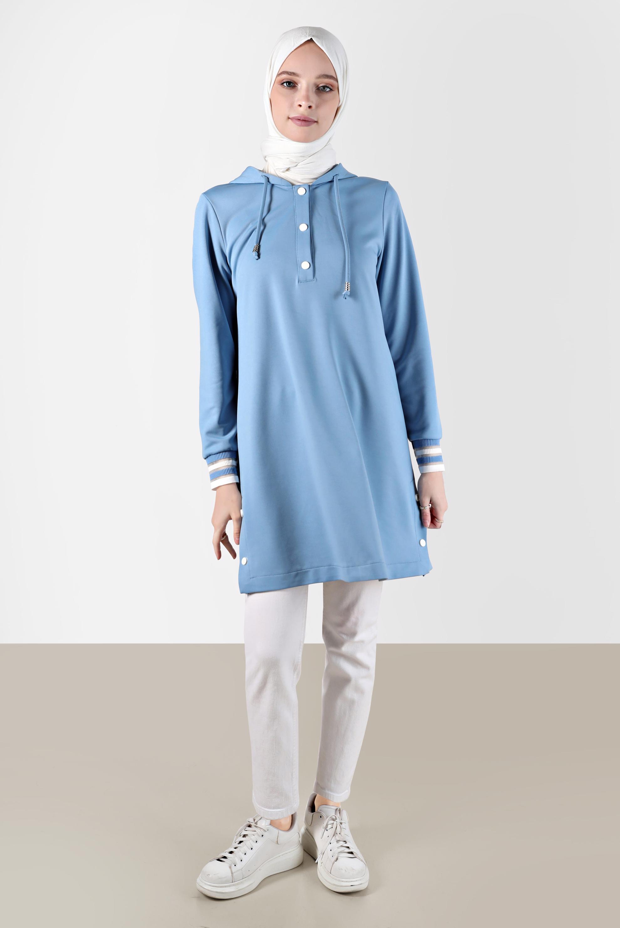 Tesettür giyim MAVİ KAPÜŞONLU ÇITÇITLI EŞOFMAN TUNİK 42570 
