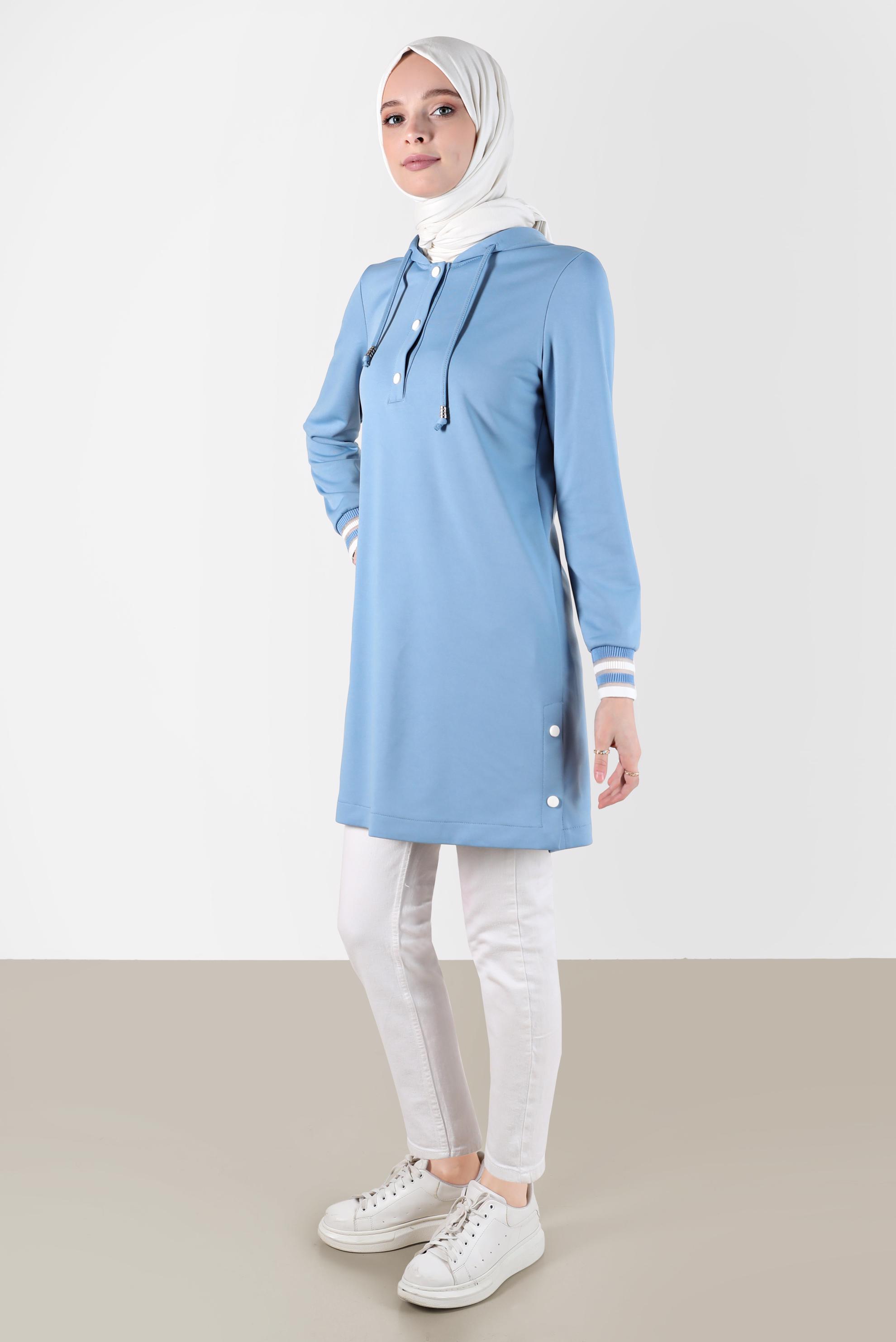 Tesettür giyim MAVİ KAPÜŞONLU ÇITÇITLI EŞOFMAN TUNİK 42570 