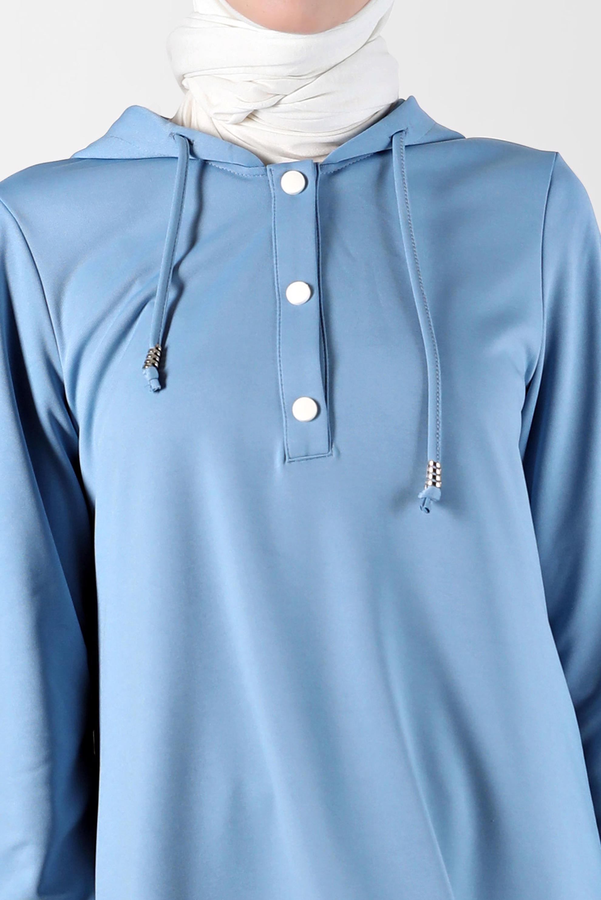 Tesettür giyim MAVİ KAPÜŞONLU ÇITÇITLI EŞOFMAN TUNİK 42570 