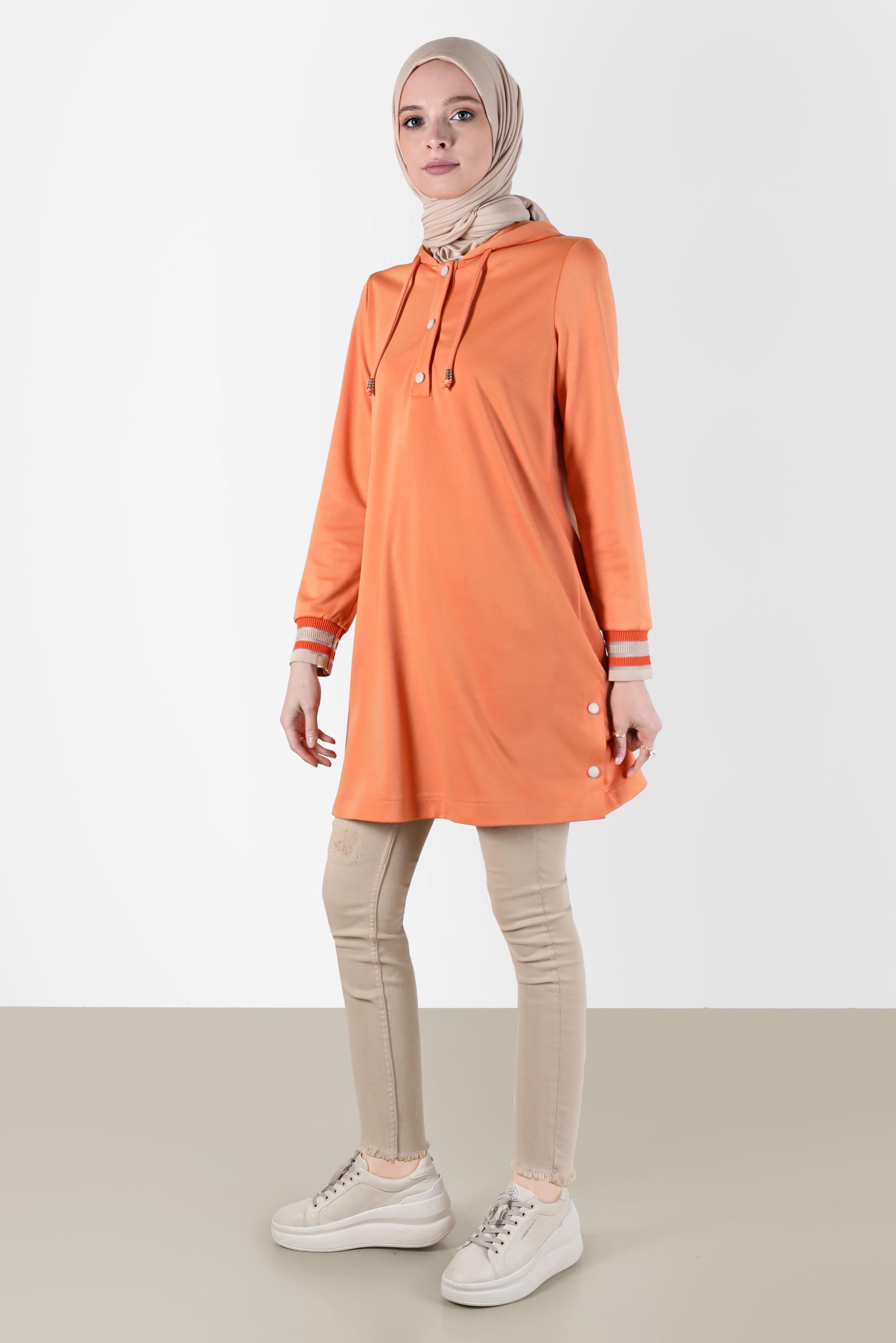 Tesettür giyim TURUNCU KAPÜŞONLU ÇITÇITLI EŞOFMAN TUNİK 42570 