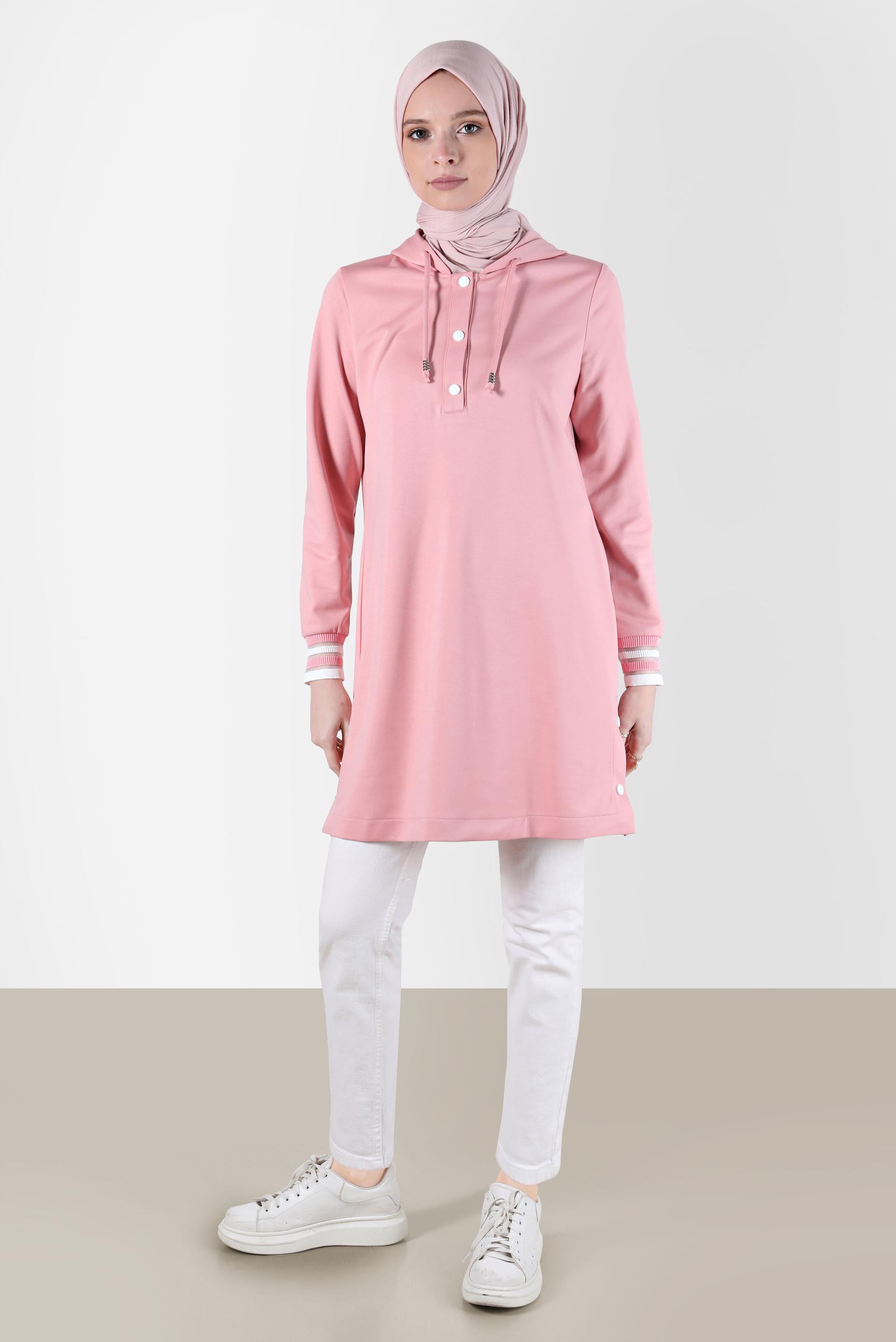 Tesettür giyim PUDRA KAPÜŞONLU ÇITÇITLI EŞOFMAN TUNİK 42570 