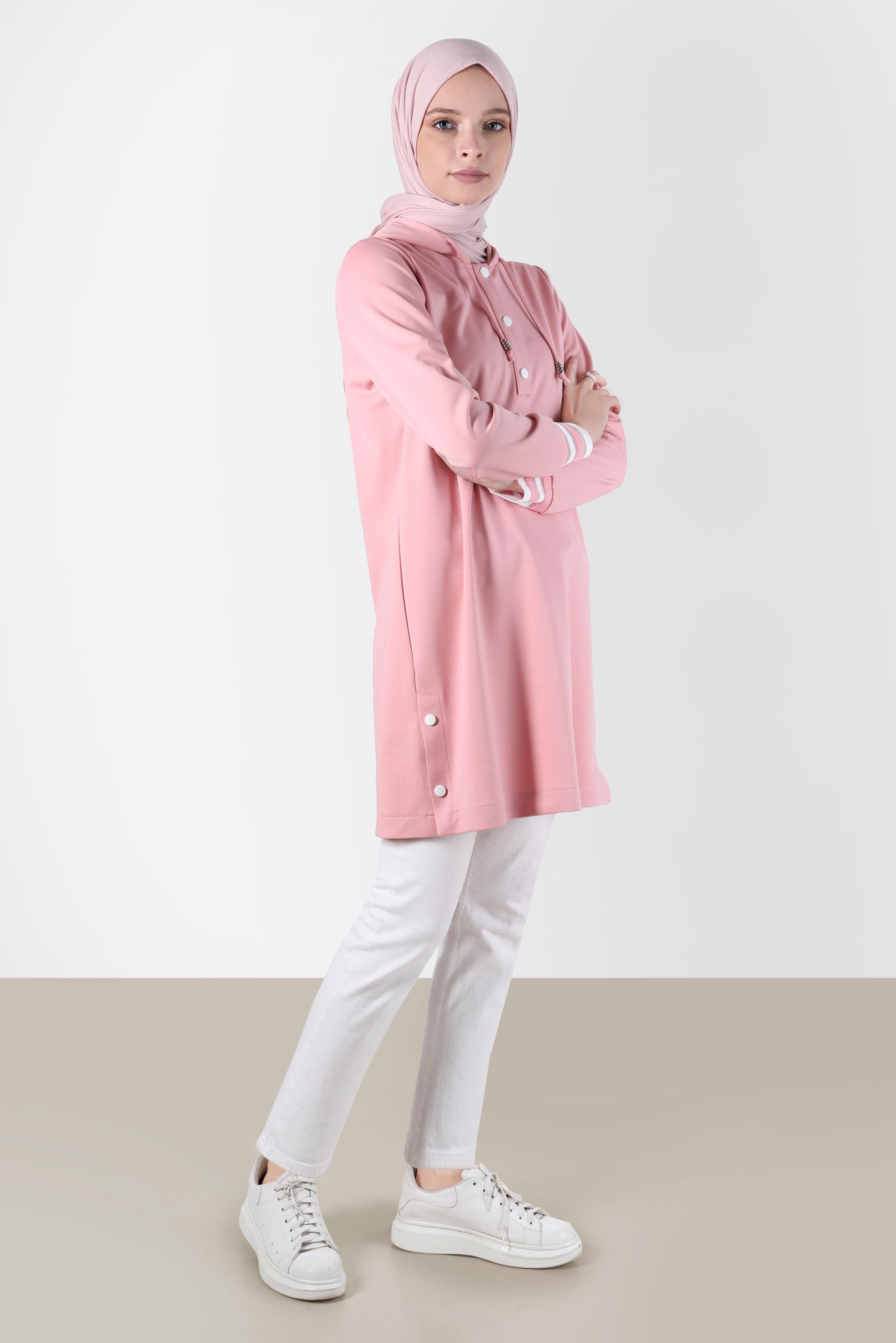 Tesettür giyim PUDRA KAPÜŞONLU ÇITÇITLI EŞOFMAN TUNİK 42570 