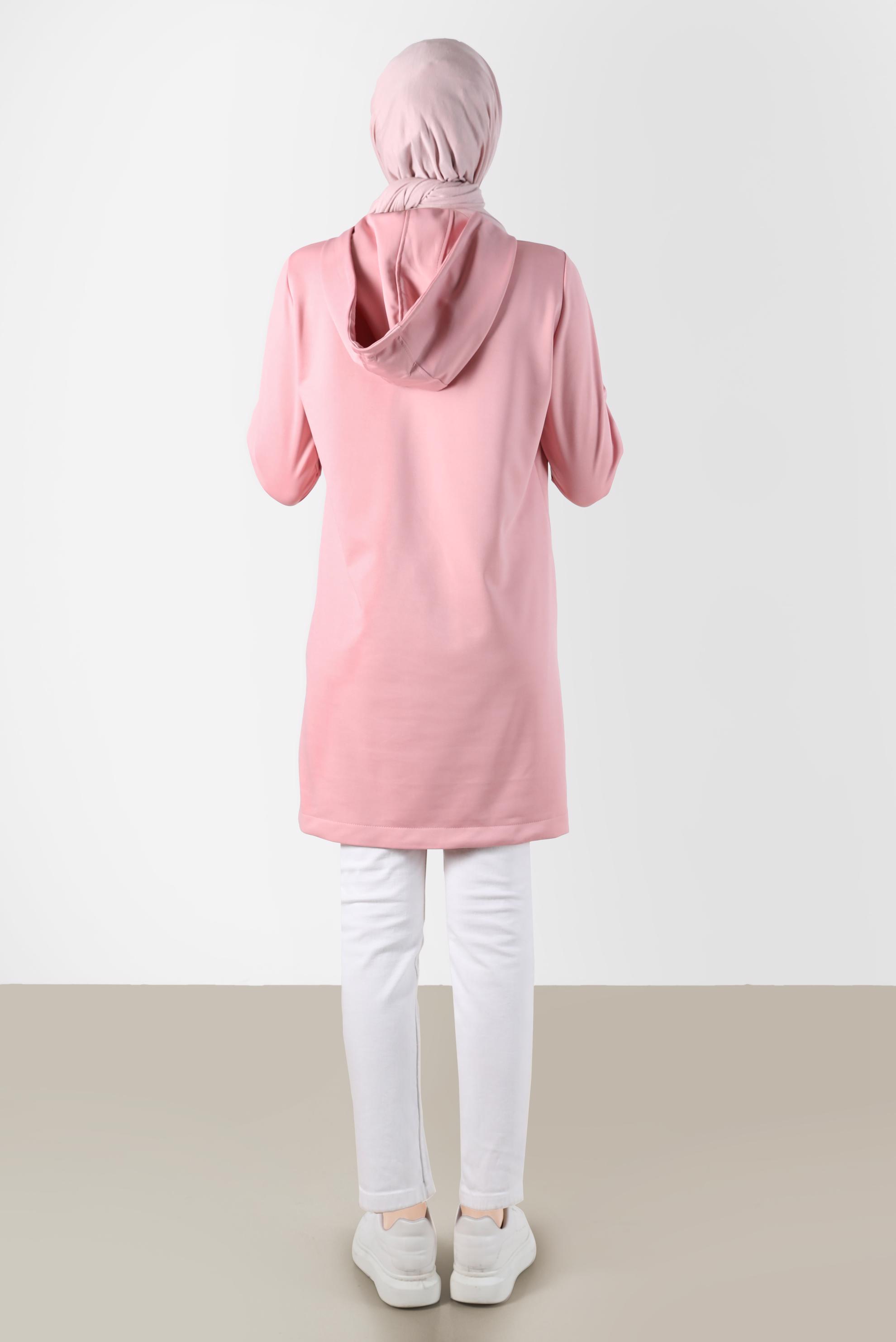 Tesettür giyim PUDRA KAPÜŞONLU ÇITÇITLI EŞOFMAN TUNİK 42570 