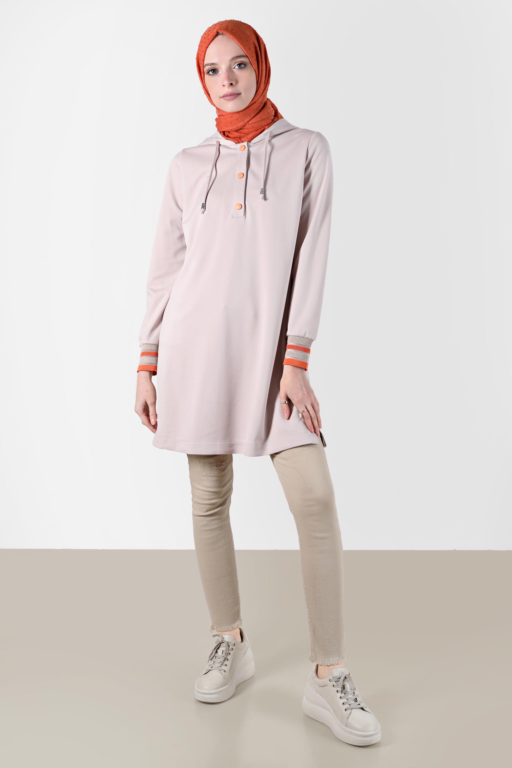 Tesettür giyim BEJ KAPÜŞONLU ÇITÇITLI EŞOFMAN TUNİK 42570 