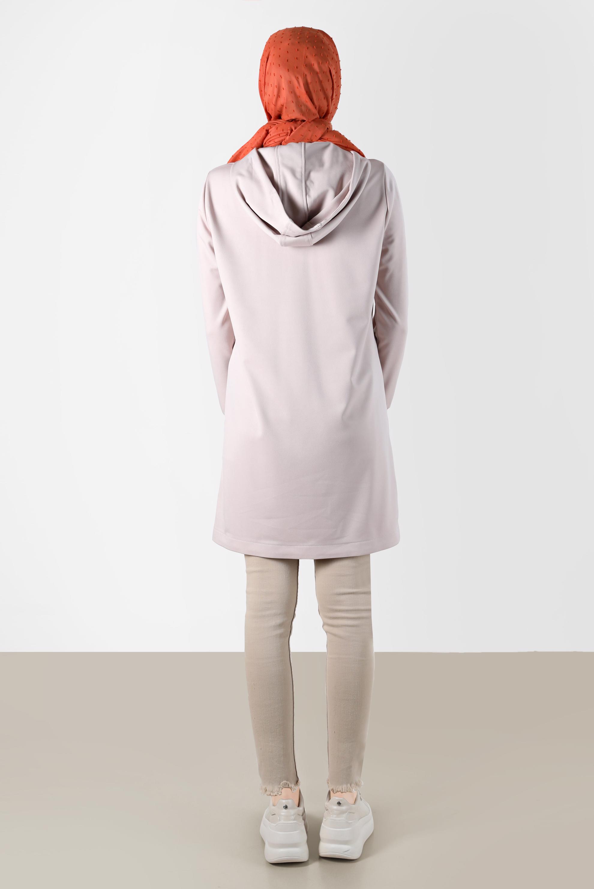 Tesettür giyim BEJ KAPÜŞONLU ÇITÇITLI EŞOFMAN TUNİK 42570 