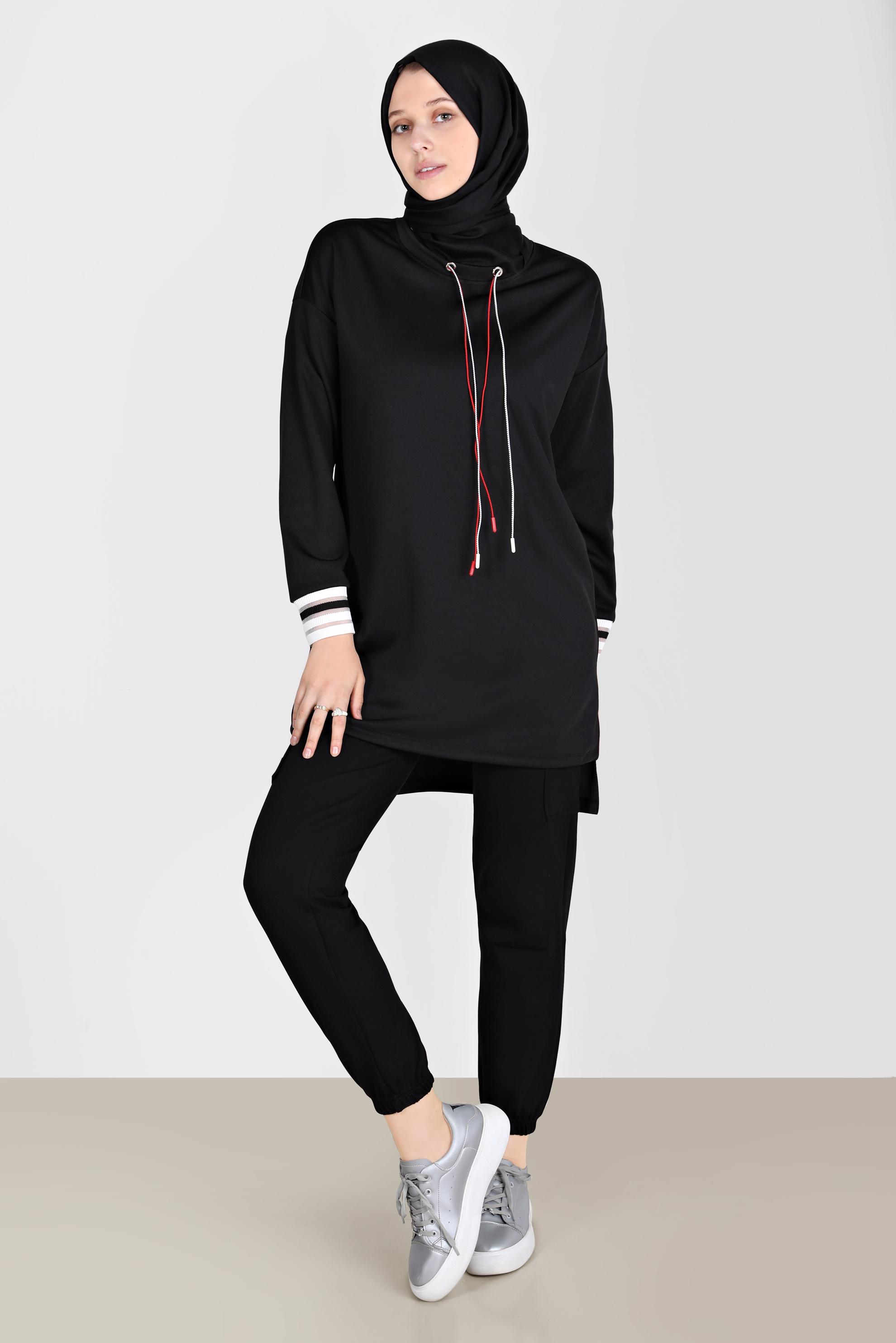 Tesettür giyim SİYAH BAĞCIK DETAYLI EŞOFMAN TUNİK 42572 