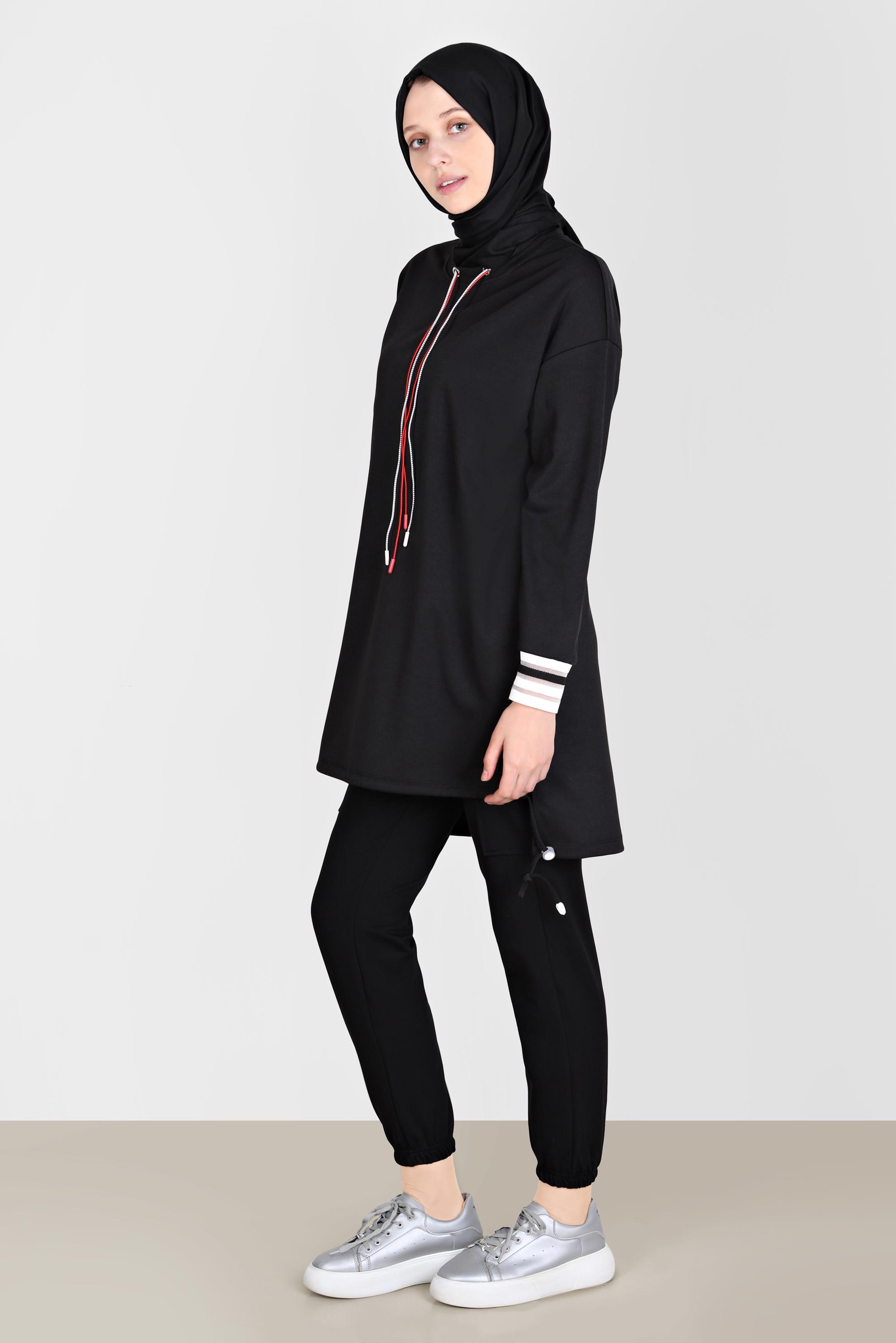 Tesettür giyim SİYAH BAĞCIK DETAYLI EŞOFMAN TUNİK 42572 