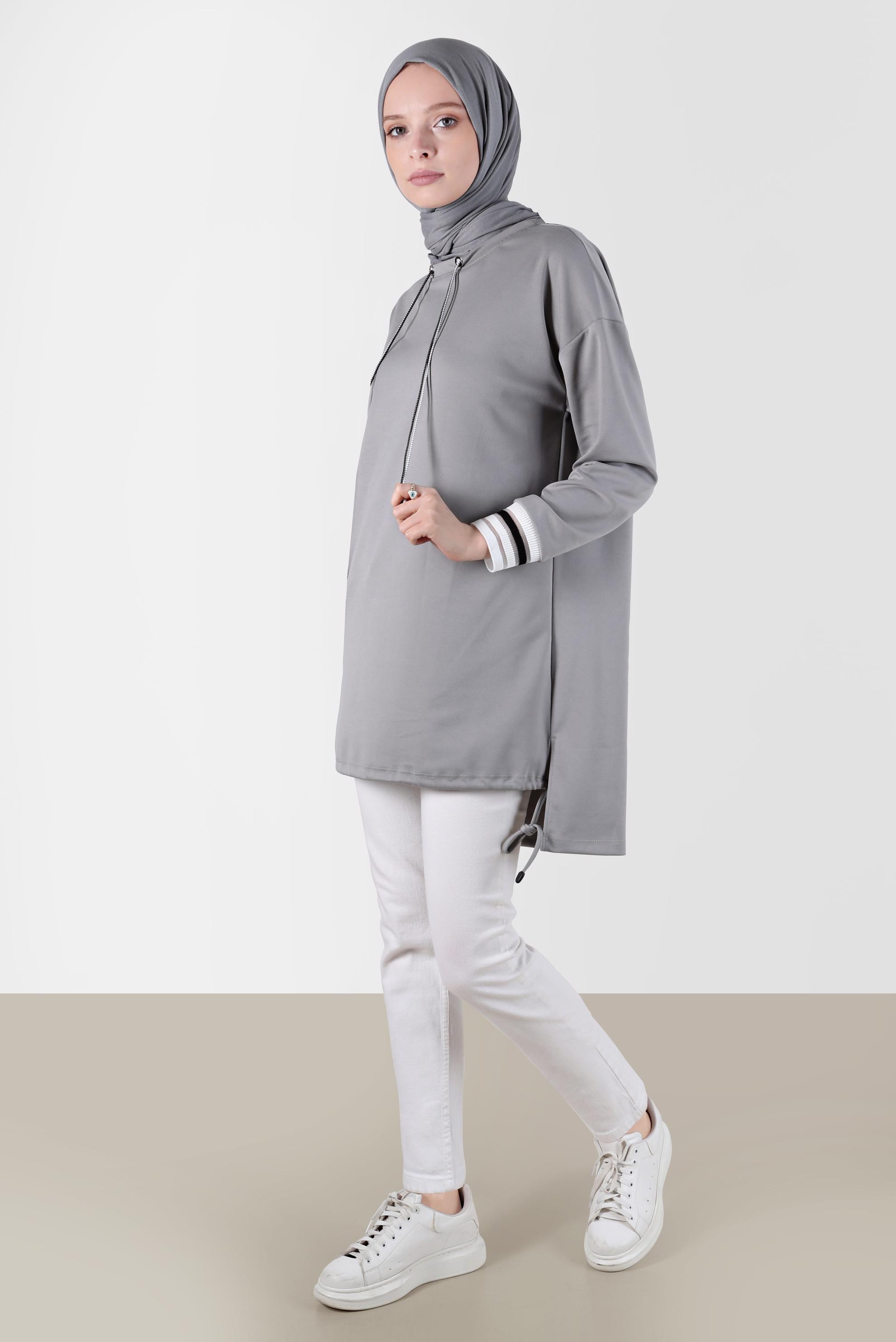 Tesettür giyim GRİ BAĞCIK DETAYLI EŞOFMAN TUNİK 42572 