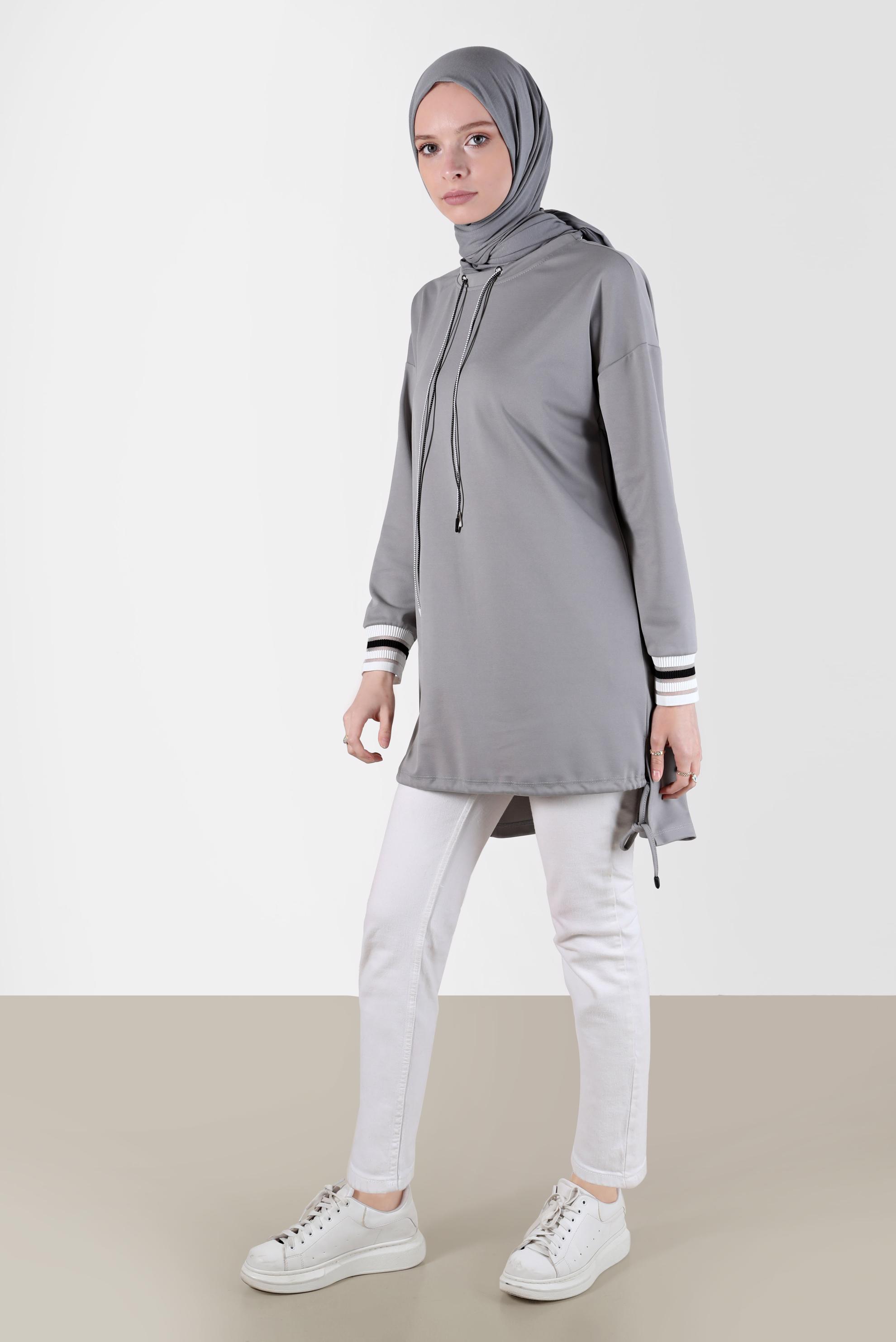 Tesettür giyim GRİ BAĞCIK DETAYLI EŞOFMAN TUNİK 42572 