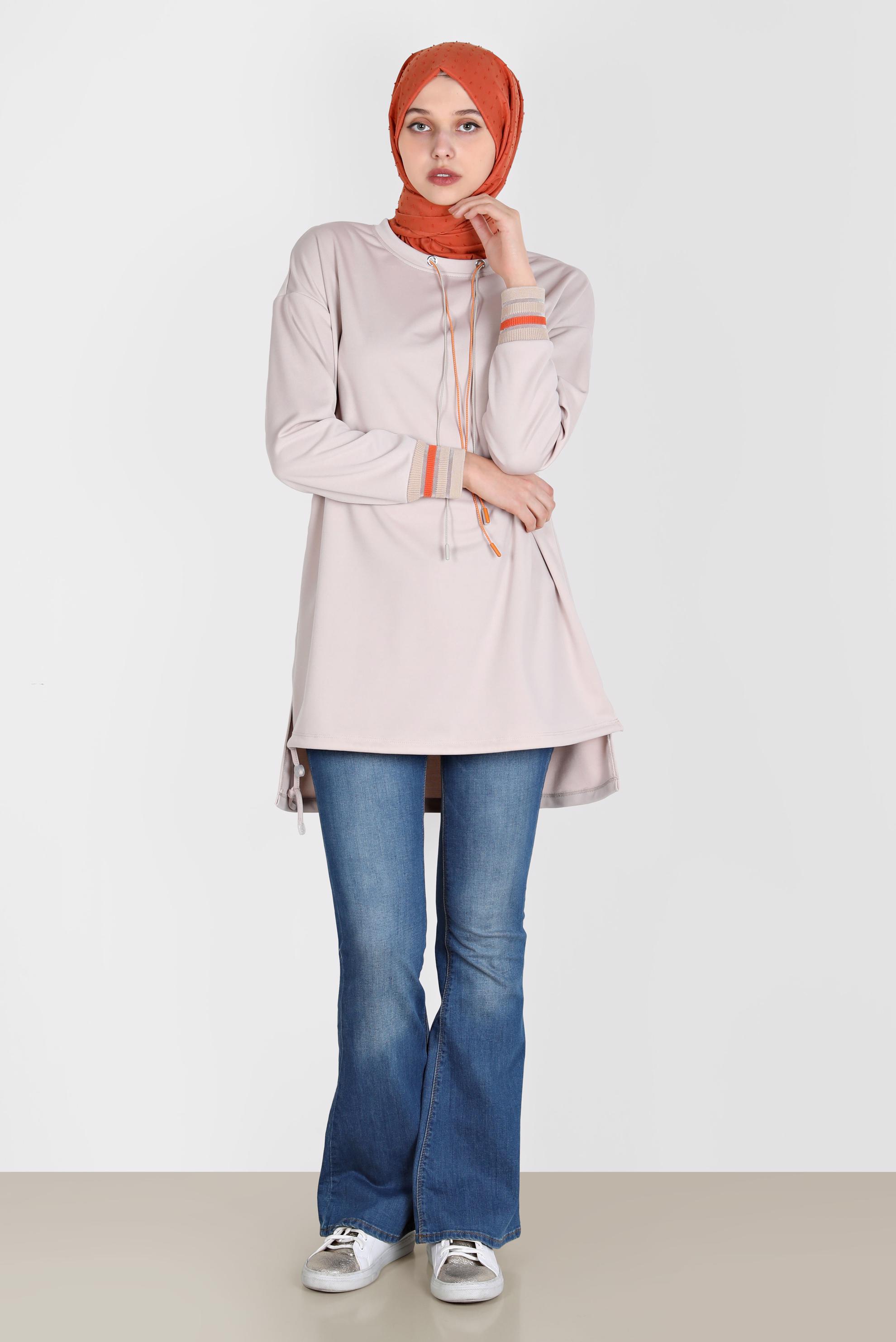 Tesettür giyim BEJ BAĞCIK DETAYLI EŞOFMAN TUNİK 42572 