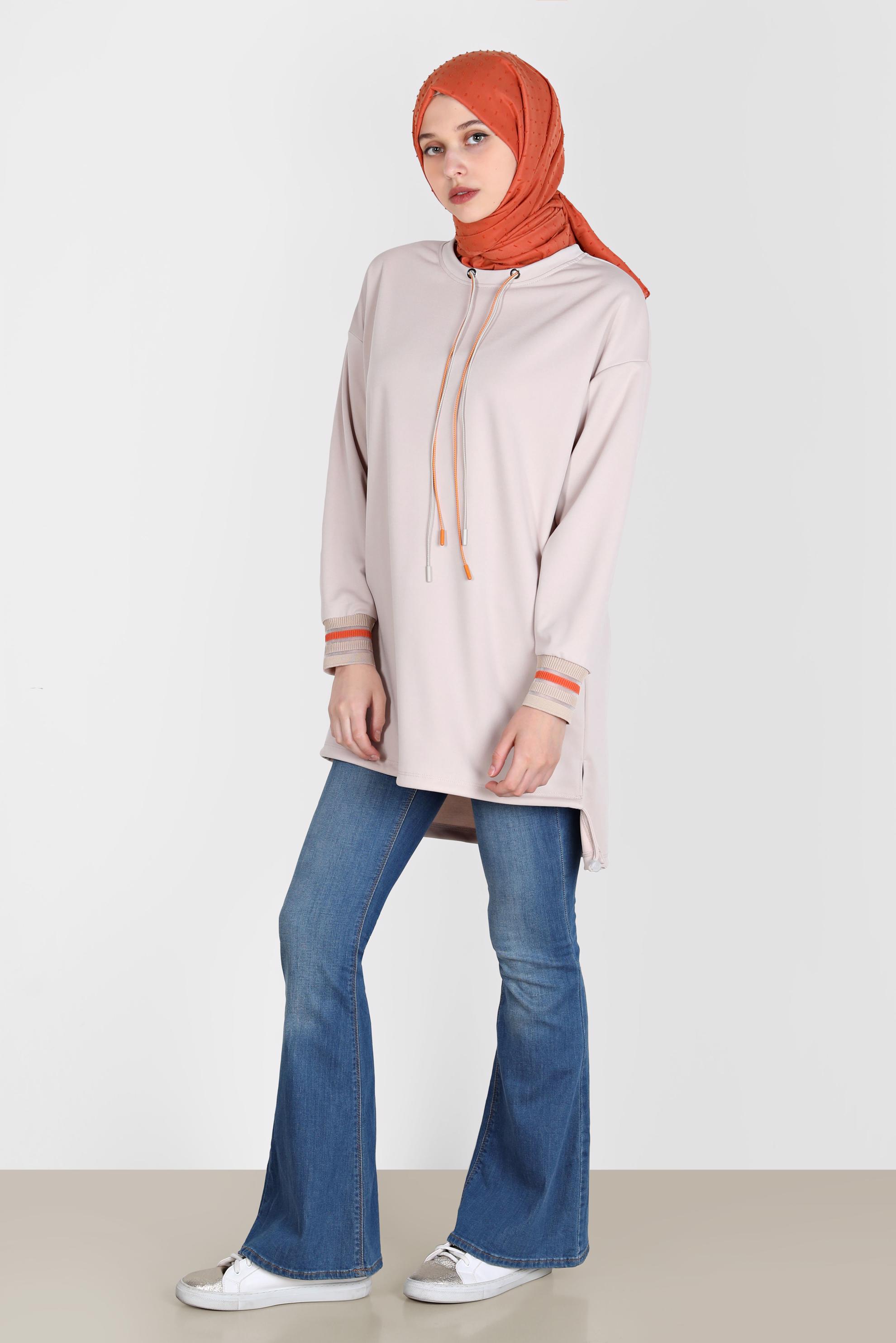 Tesettür giyim BEJ BAĞCIK DETAYLI EŞOFMAN TUNİK 42572 