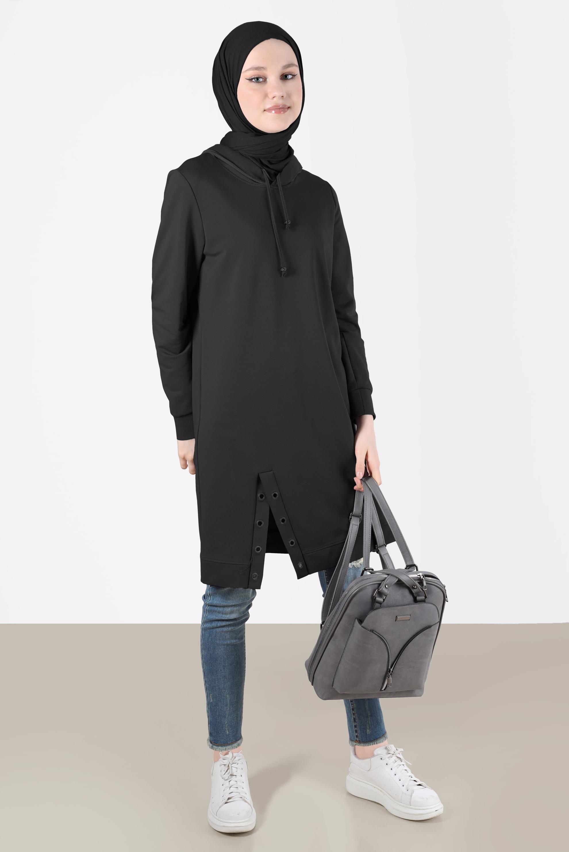 Tesettür giyim SİYAH KUŞGÖZÜ DETAYLI YIRTMAÇLI EŞOFMAN TUNİK 42573 