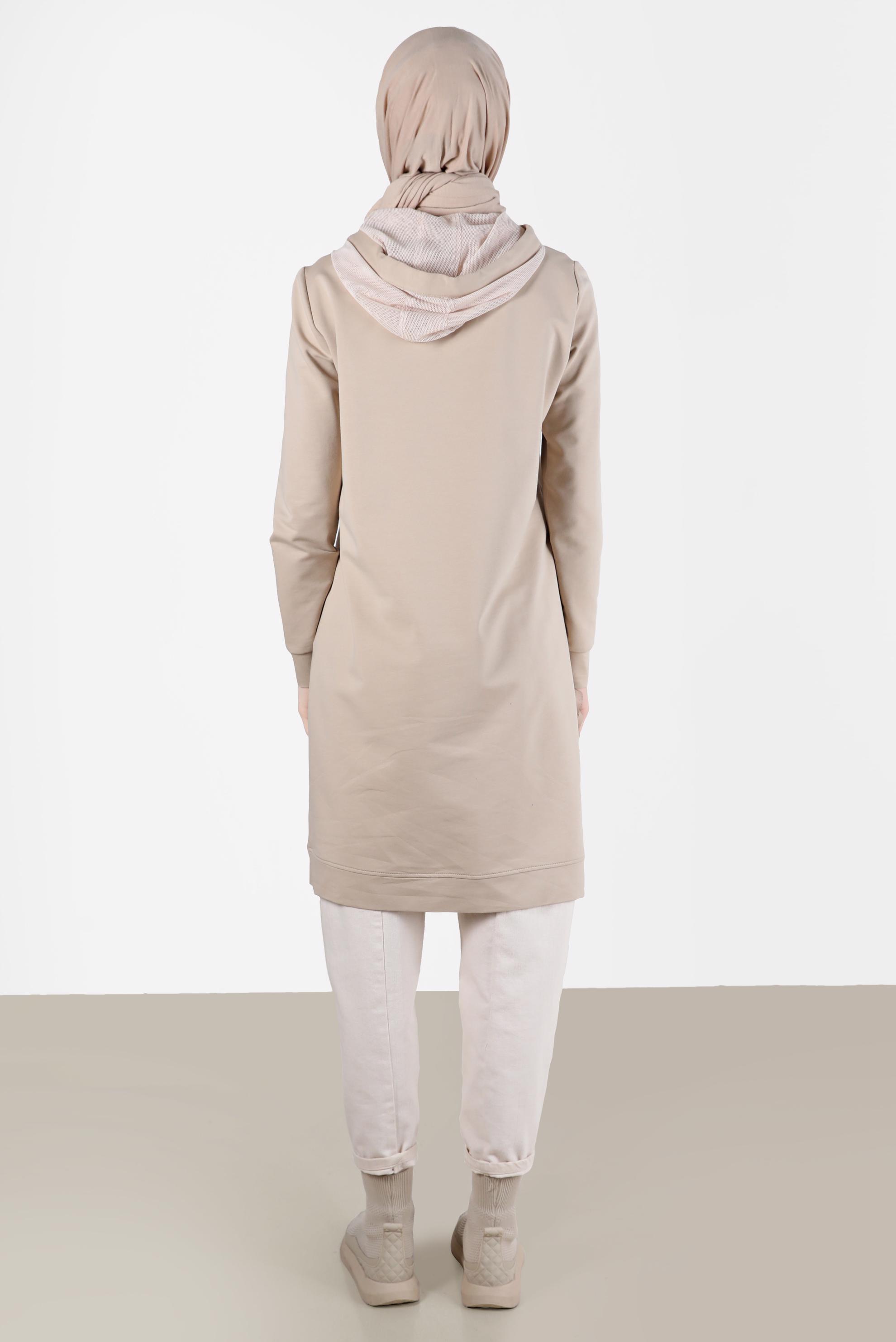 Tesettür giyim BEJ KUŞGÖZÜ DETAYLI YIRTMAÇLI EŞOFMAN TUNİK 42573 