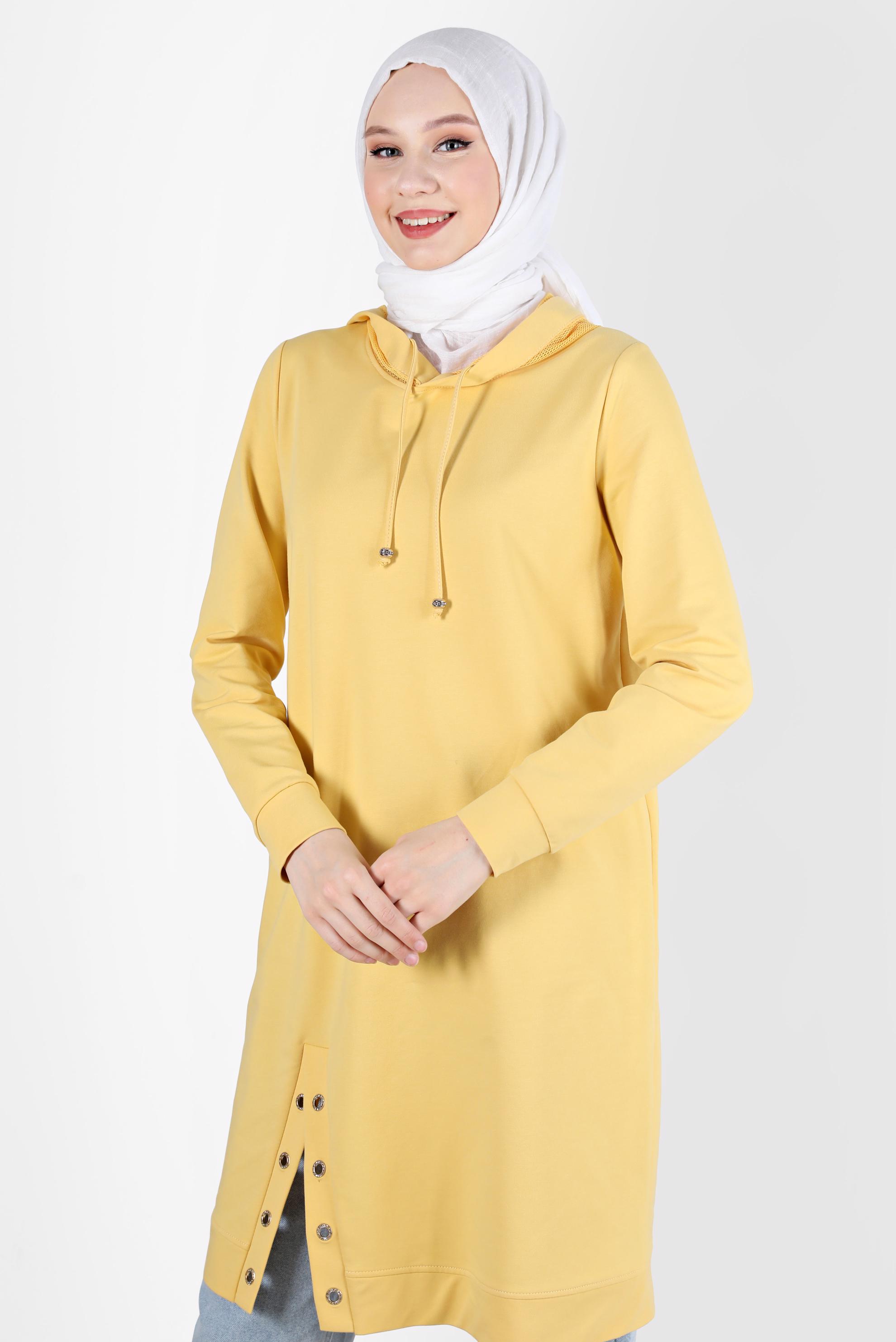 Tesettür giyim SARI KUŞGÖZÜ DETAYLI YIRTMAÇLI EŞOFMAN TUNİK 42573 