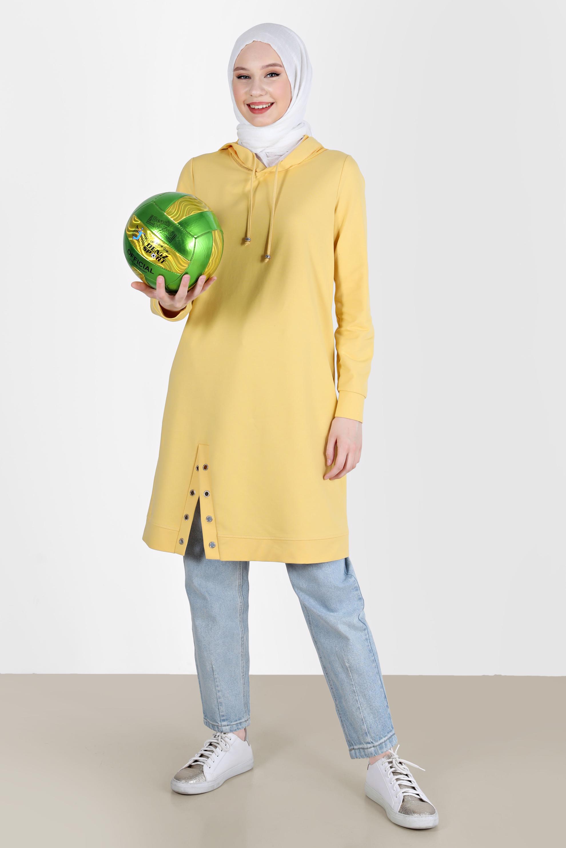 Tesettür giyim SARI KUŞGÖZÜ DETAYLI YIRTMAÇLI EŞOFMAN TUNİK 42573 