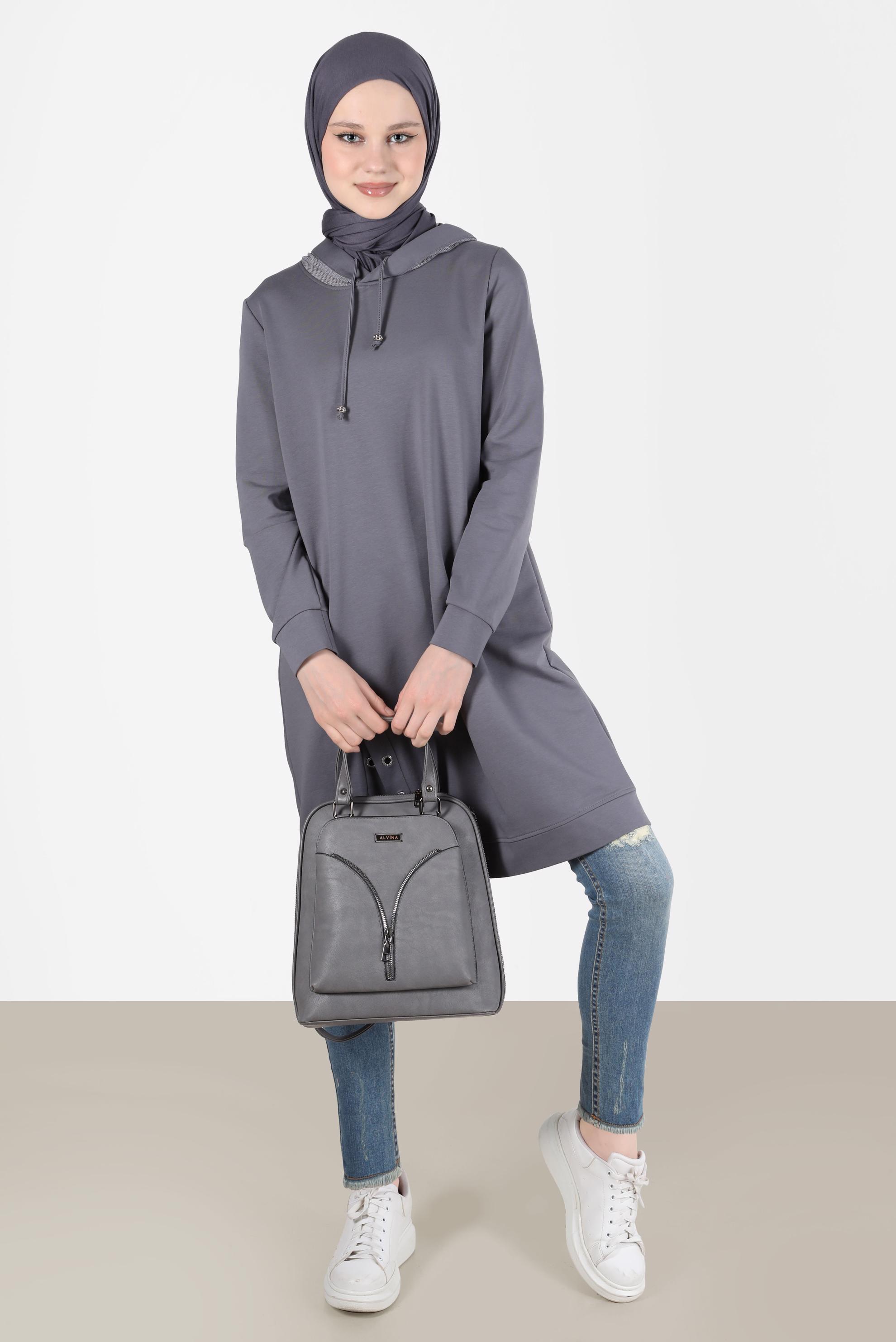 Tesettür giyim GRİ KUŞGÖZÜ DETAYLI YIRTMAÇLI EŞOFMAN TUNİK 42573 