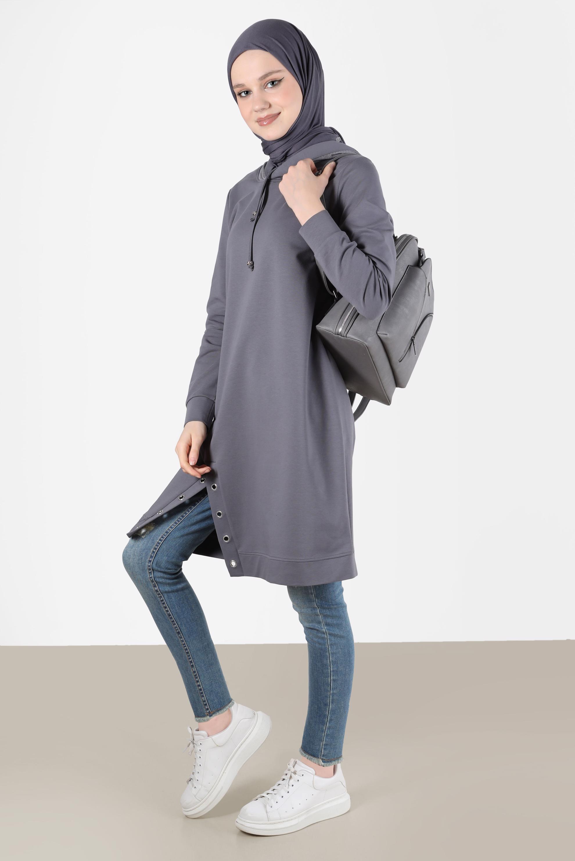 Tesettür giyim GRİ KUŞGÖZÜ DETAYLI YIRTMAÇLI EŞOFMAN TUNİK 42573 