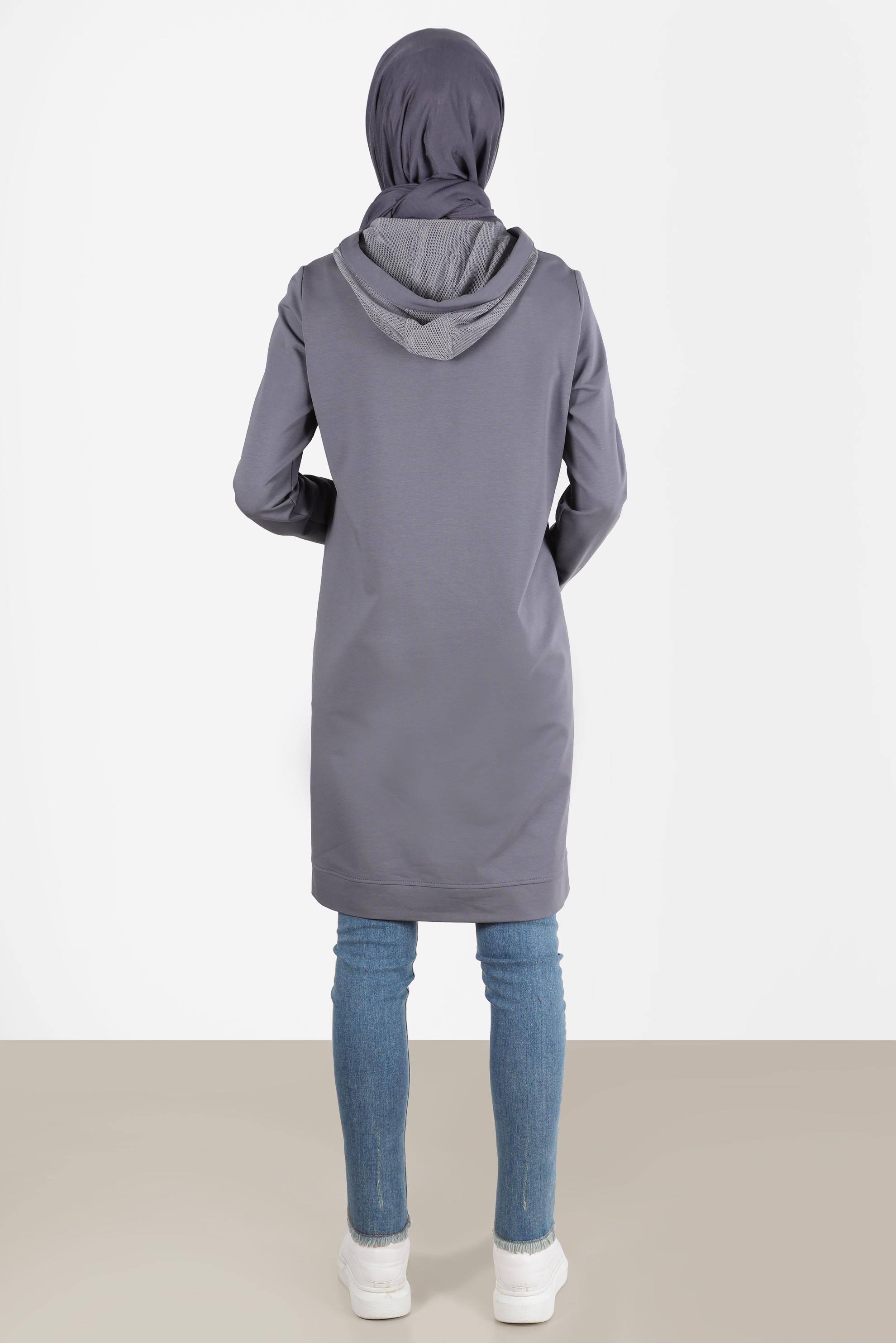 Tesettür giyim GRİ KUŞGÖZÜ DETAYLI YIRTMAÇLI EŞOFMAN TUNİK 42573 