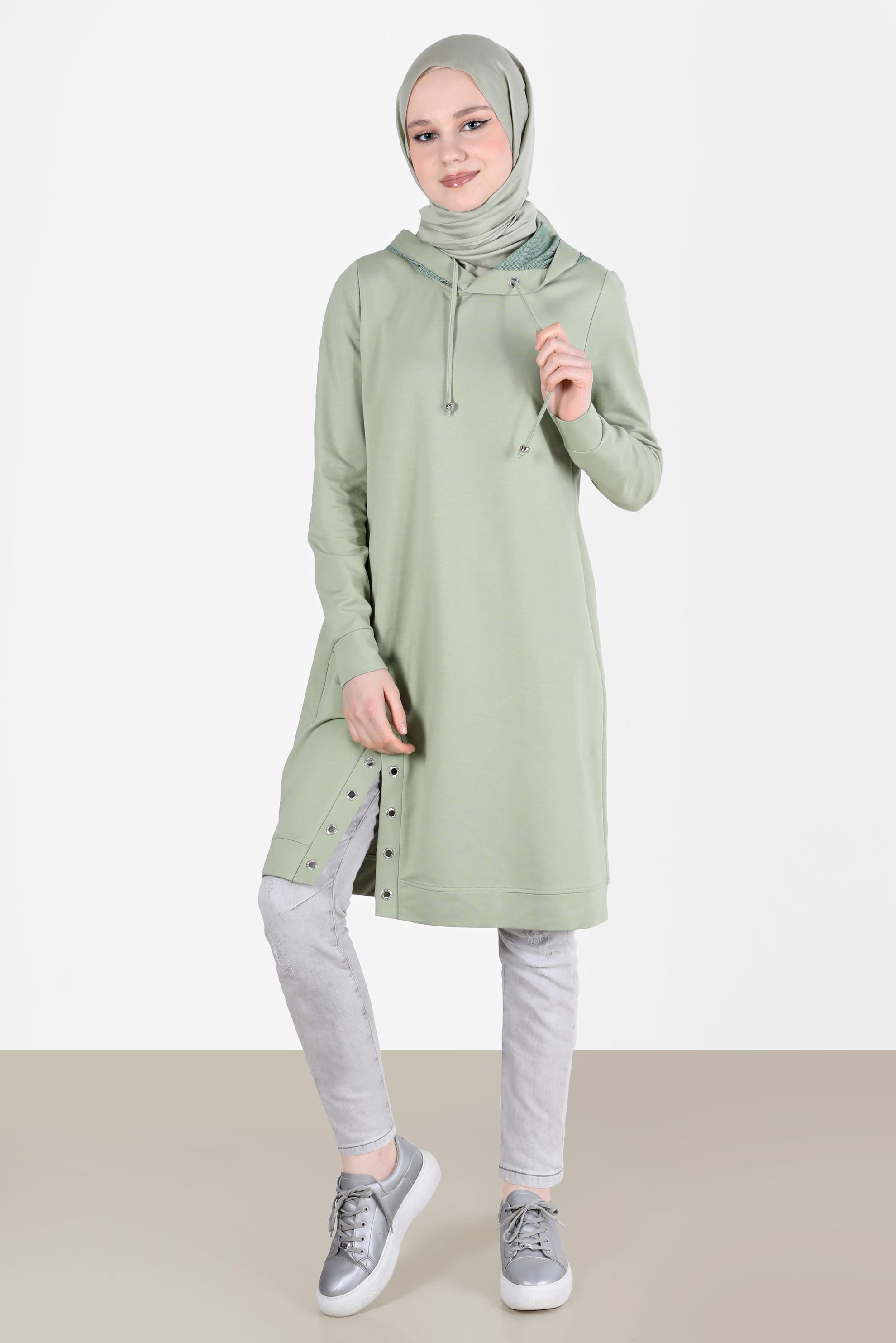 Tesettür giyim YEŞİL KUŞGÖZÜ DETAYLI YIRTMAÇLI EŞOFMAN TUNİK 42573 