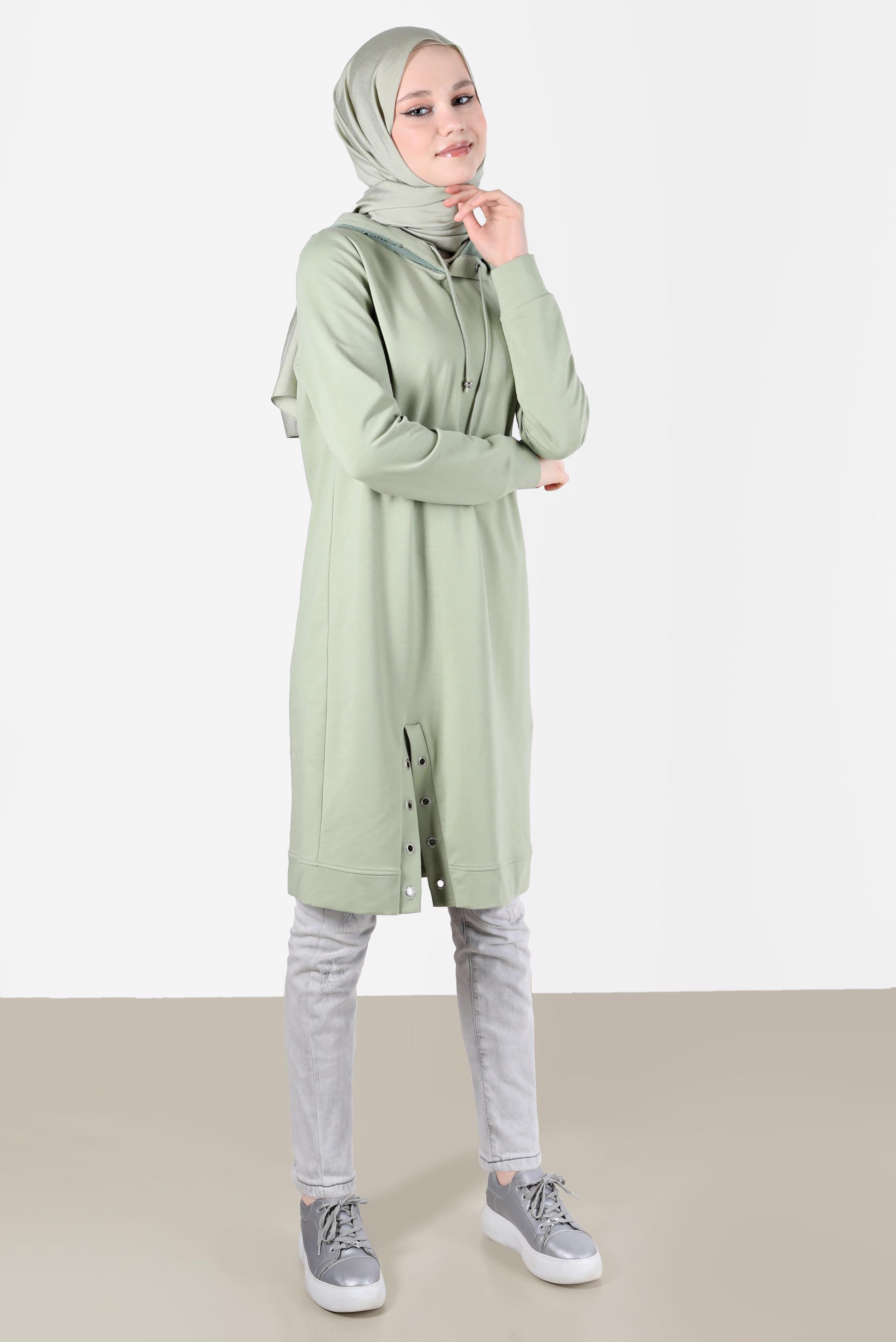 Tesettür giyim YEŞİL KUŞGÖZÜ DETAYLI YIRTMAÇLI EŞOFMAN TUNİK 42573 