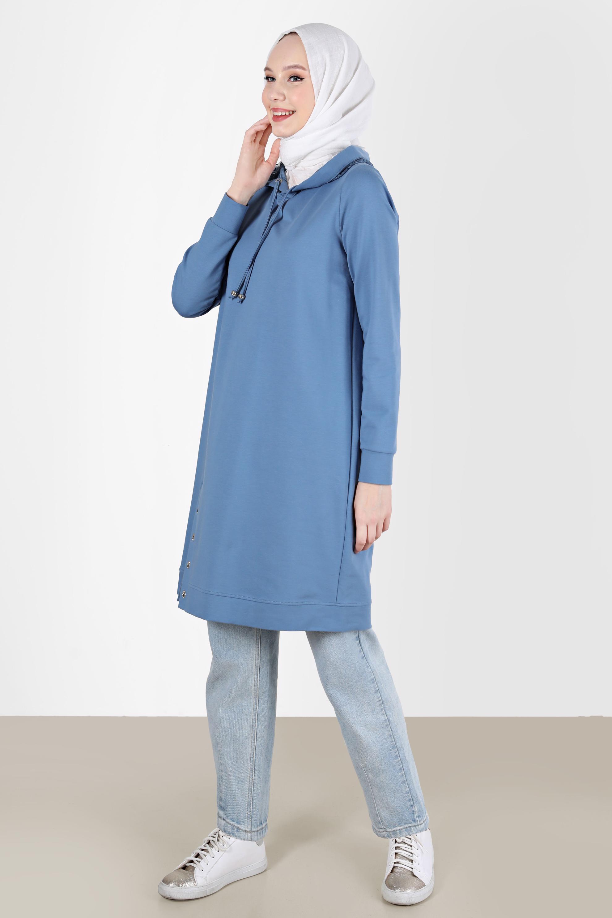 Tesettür giyim MAVİ KUŞGÖZÜ DETAYLI YIRTMAÇLI EŞOFMAN TUNİK 42573 