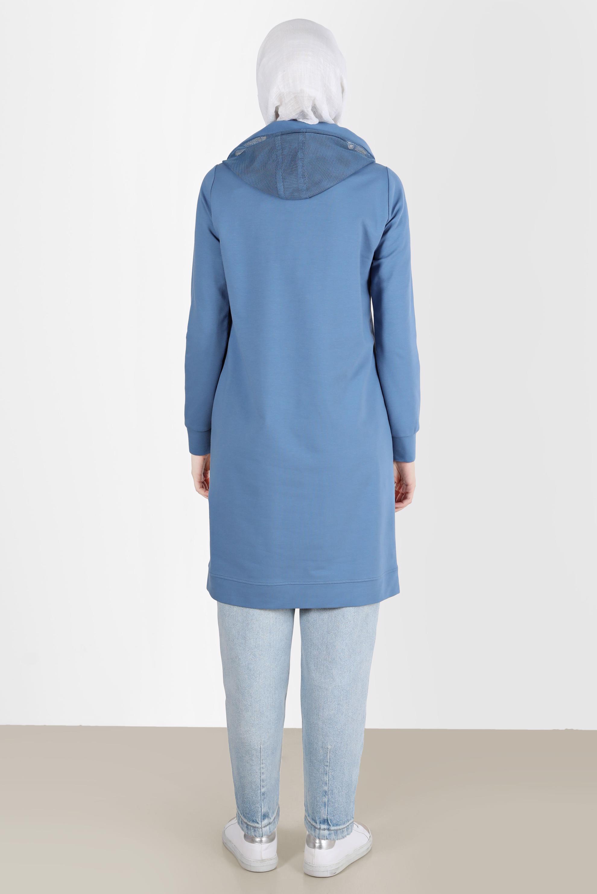 Tesettür giyim MAVİ KUŞGÖZÜ DETAYLI YIRTMAÇLI EŞOFMAN TUNİK 42573 