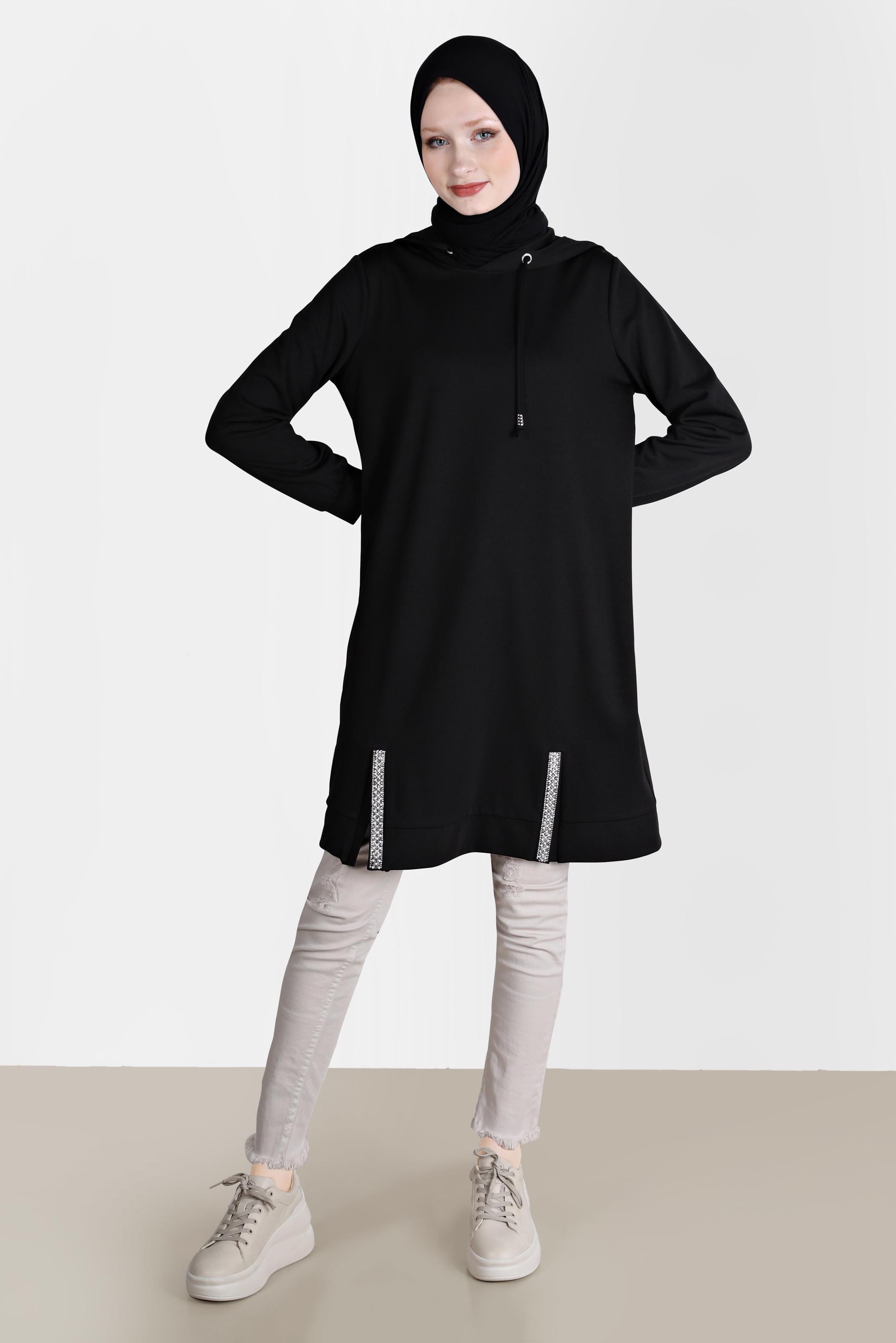 Tesettür giyim SİYAH TAŞ DETAYLI KAPÜŞONLU EŞOFMAN TUNİK 42574 