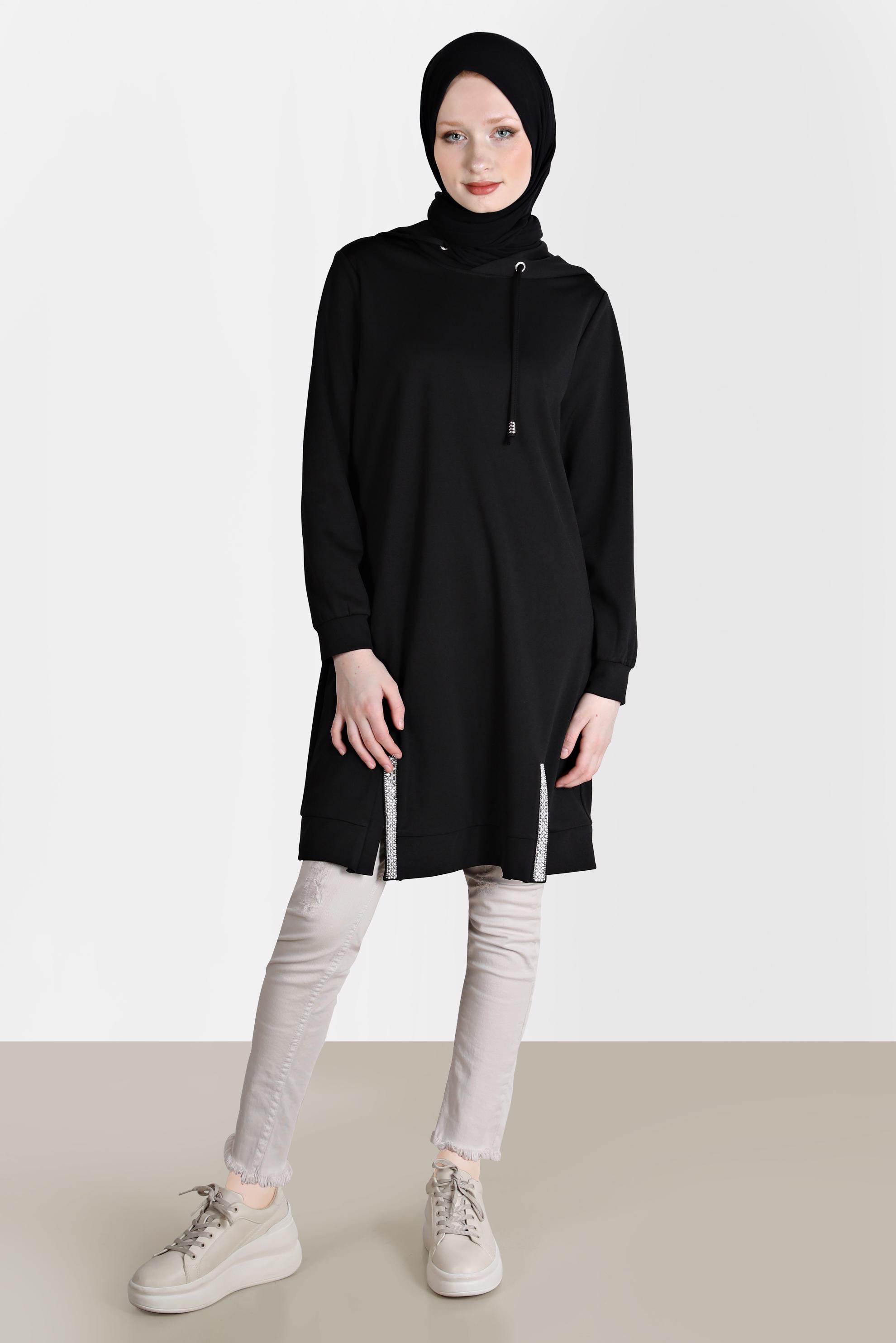 Tesettür giyim SİYAH TAŞ DETAYLI KAPÜŞONLU EŞOFMAN TUNİK 42574 