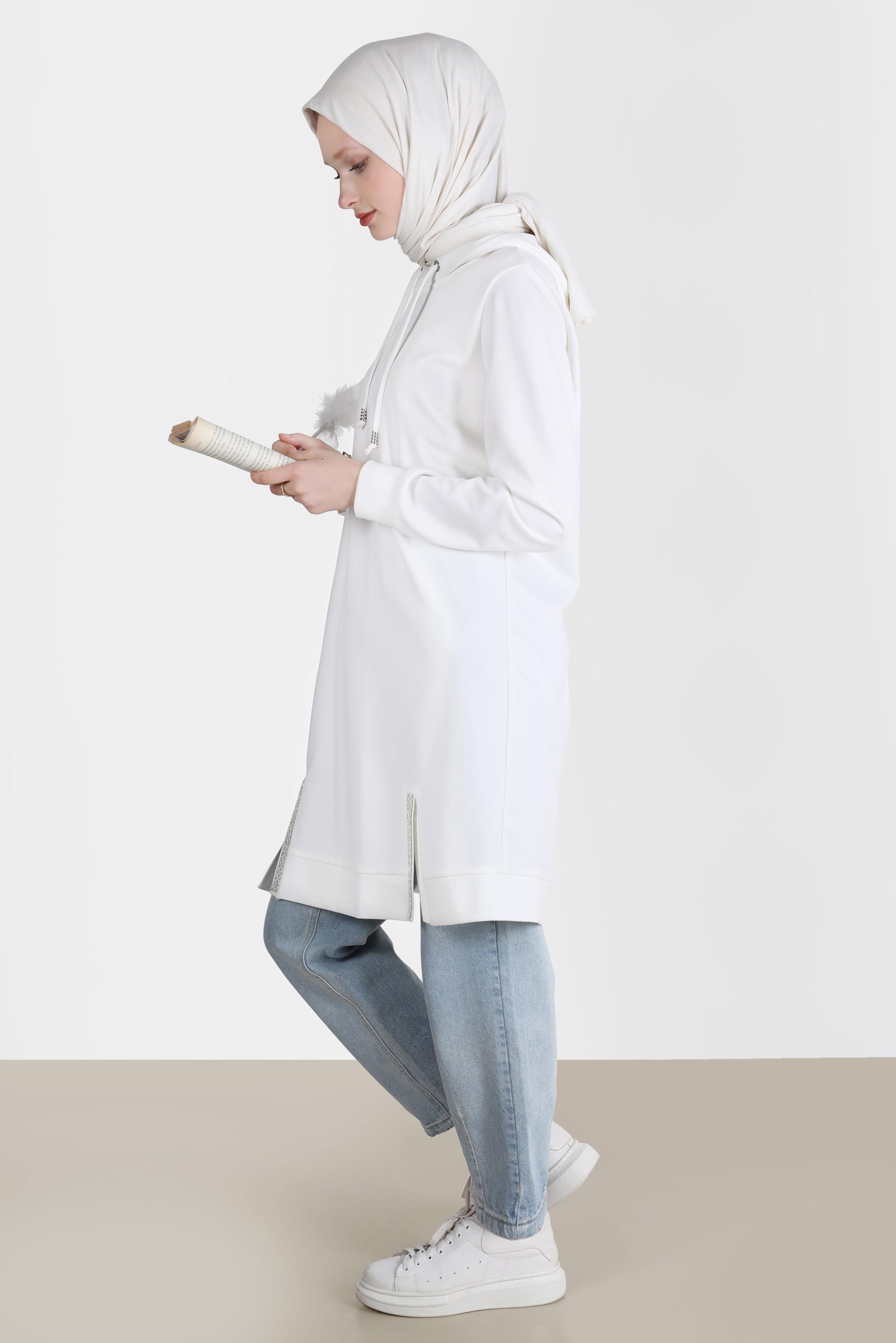 Tesettür giyim BEYAZ TAŞ DETAYLI KAPÜŞONLU EŞOFMAN TUNİK 42574 