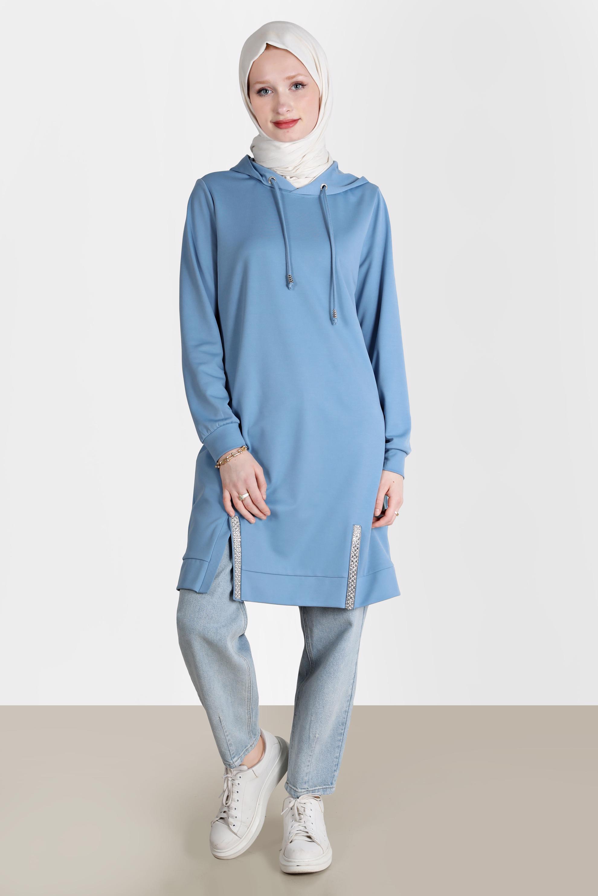 Tesettür giyim MAVİ TAŞ DETAYLI KAPÜŞONLU EŞOFMAN TUNİK 42574 