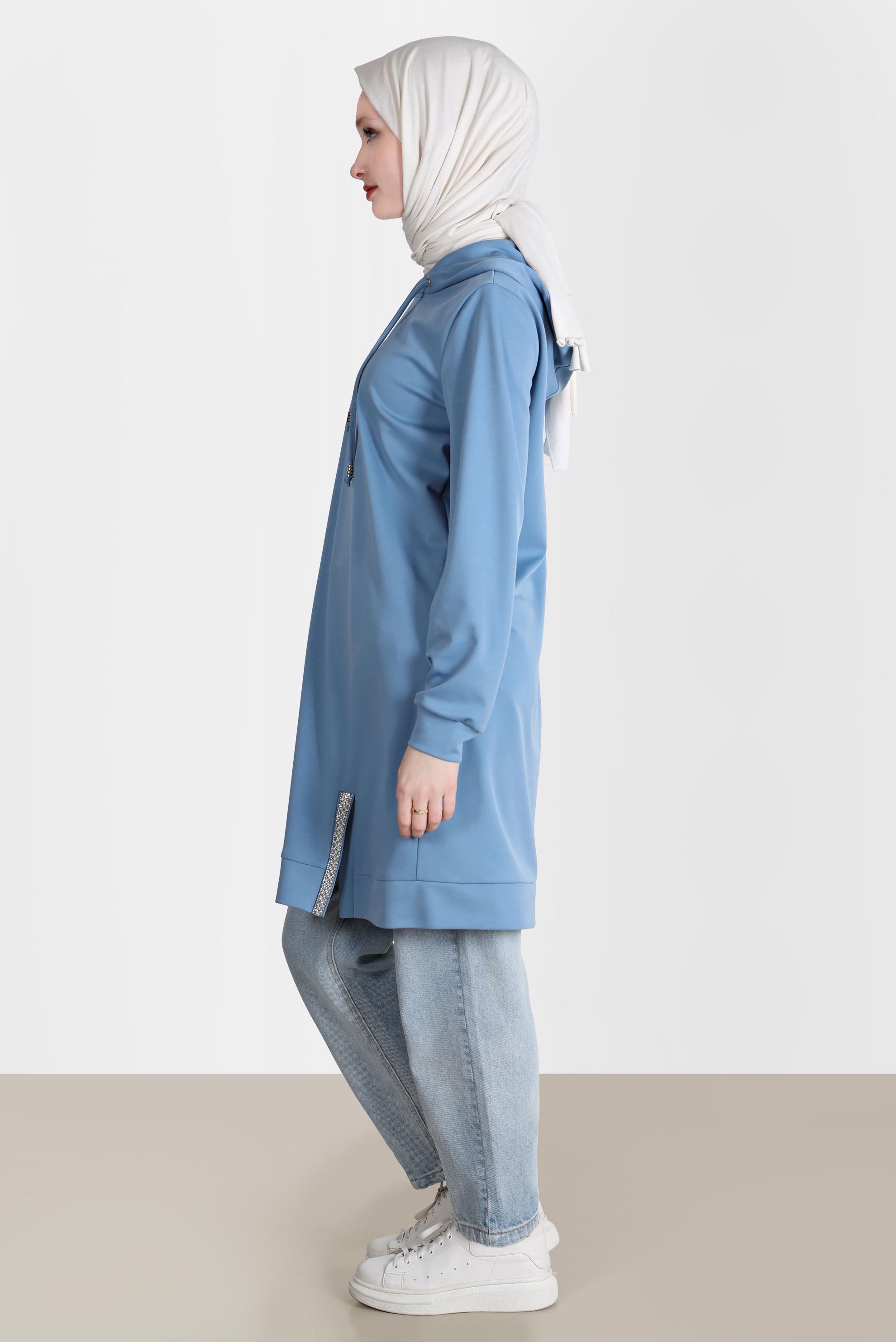 Tesettür giyim MAVİ TAŞ DETAYLI KAPÜŞONLU EŞOFMAN TUNİK 42574 