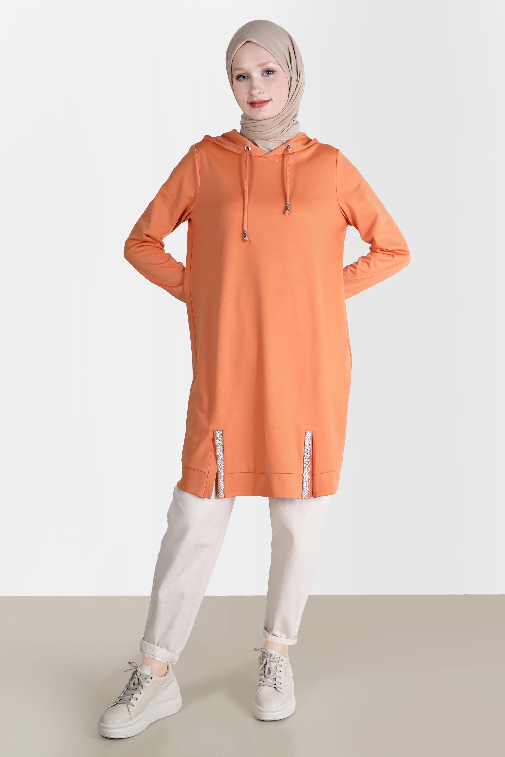 Tesettür giyim TURUNCU TAŞ DETAYLI KAPÜŞONLU EŞOFMAN TUNİK 42574 
