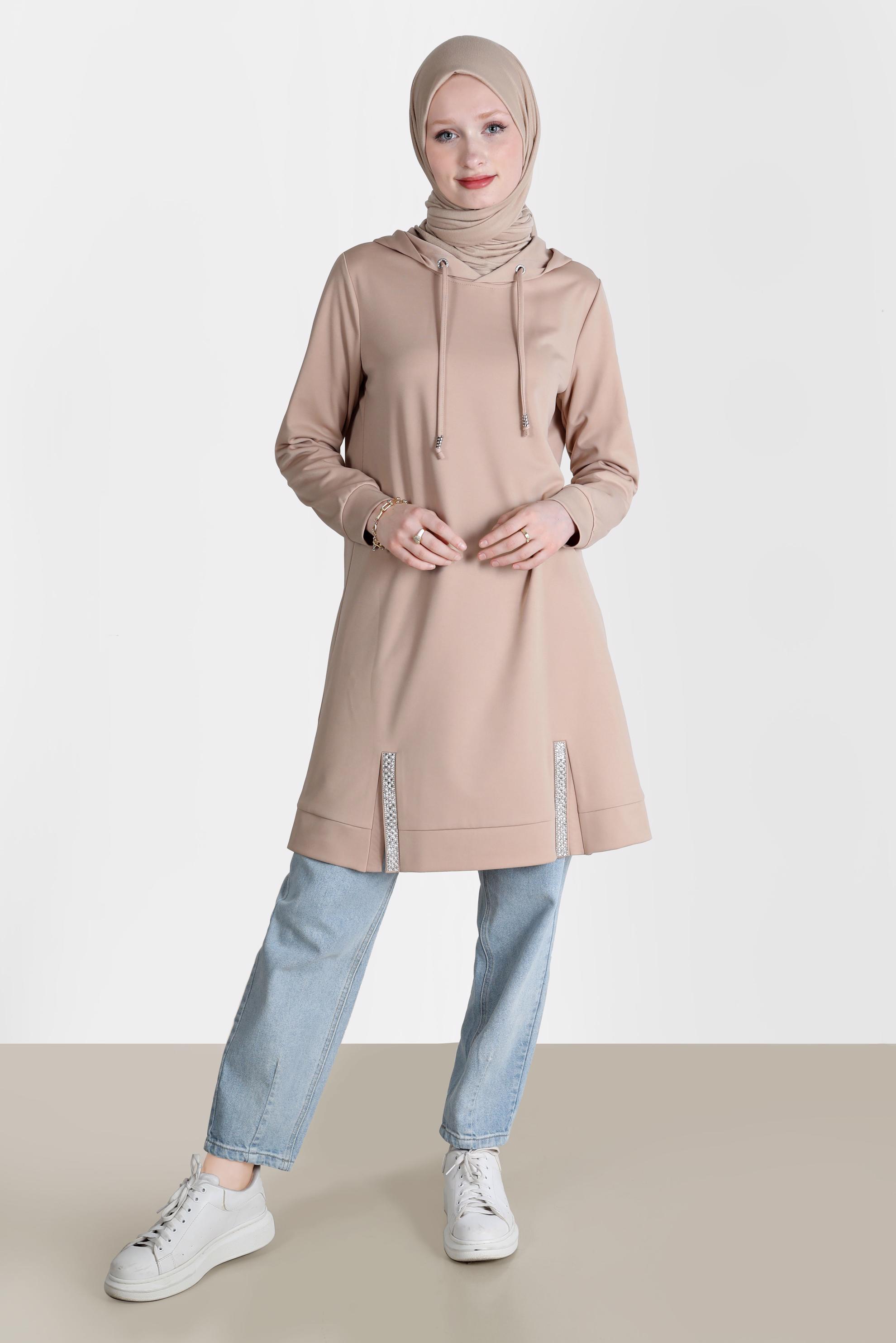 Tesettür giyim KAHVE TAŞ DETAYLI KAPÜŞONLU EŞOFMAN TUNİK 42574 