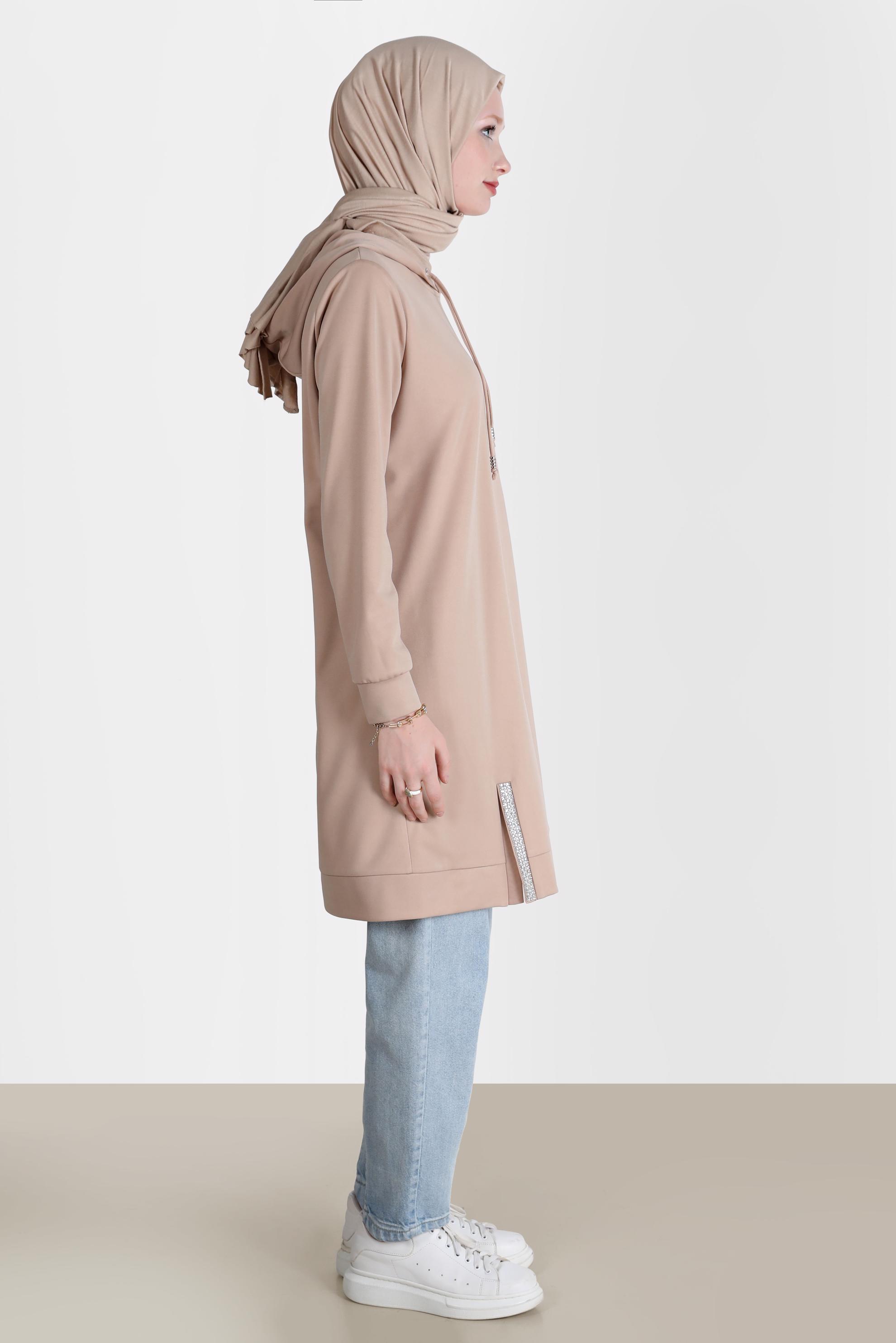 Tesettür giyim KAHVE TAŞ DETAYLI KAPÜŞONLU EŞOFMAN TUNİK 42574 