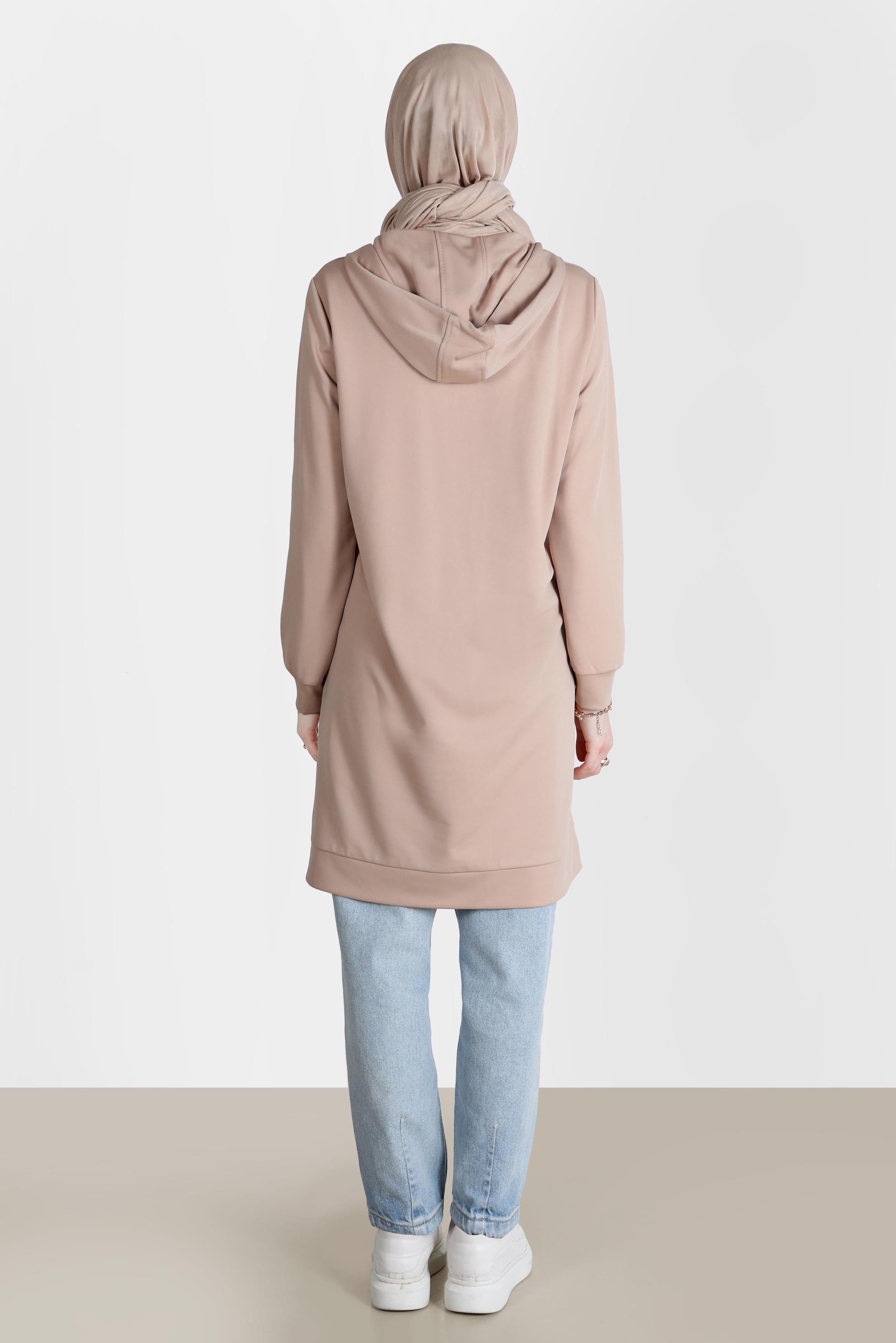 Tesettür giyim KAHVE TAŞ DETAYLI KAPÜŞONLU EŞOFMAN TUNİK 42574 