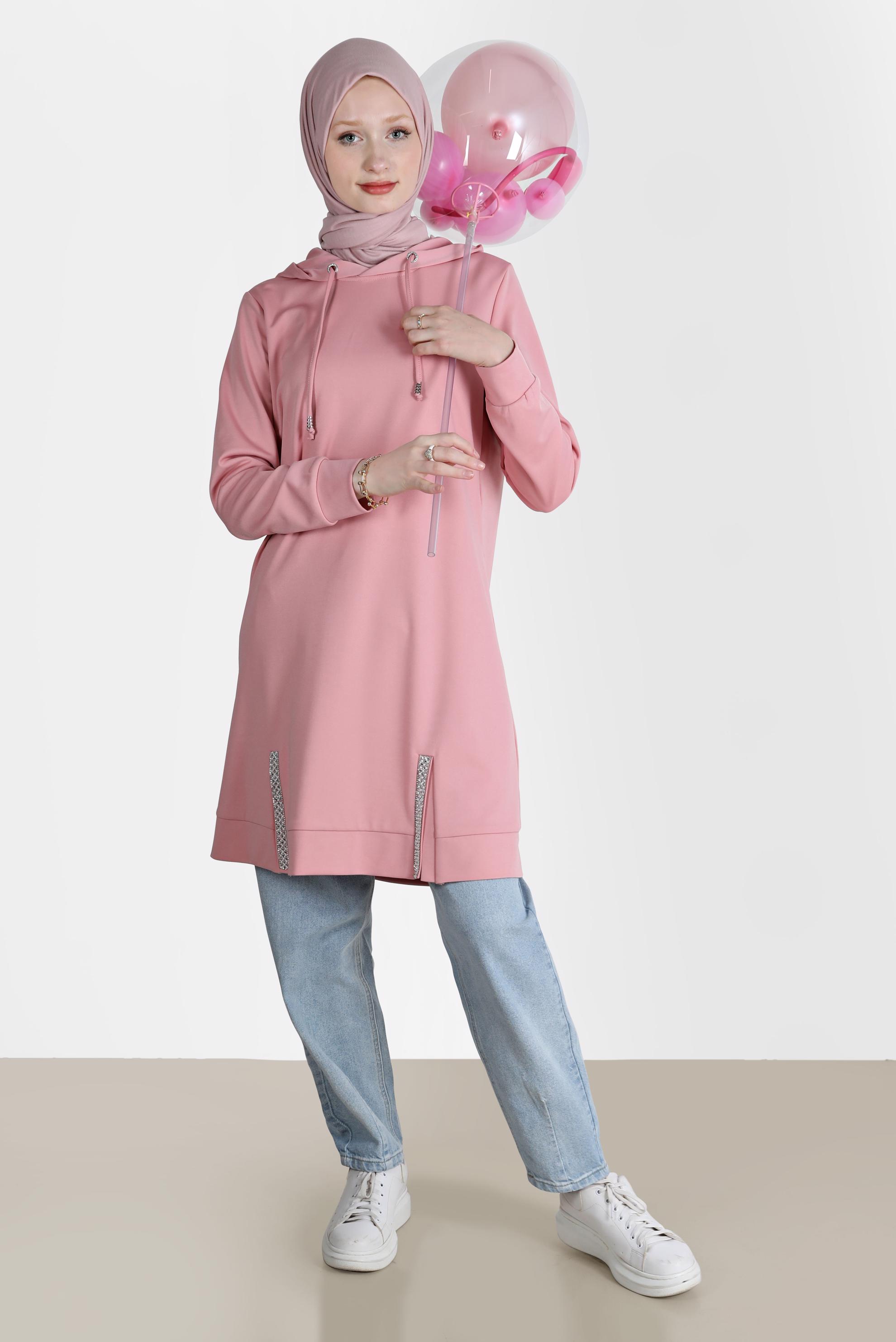 Tesettür giyim PUDRA TAŞ DETAYLI KAPÜŞONLU EŞOFMAN TUNİK 42574 