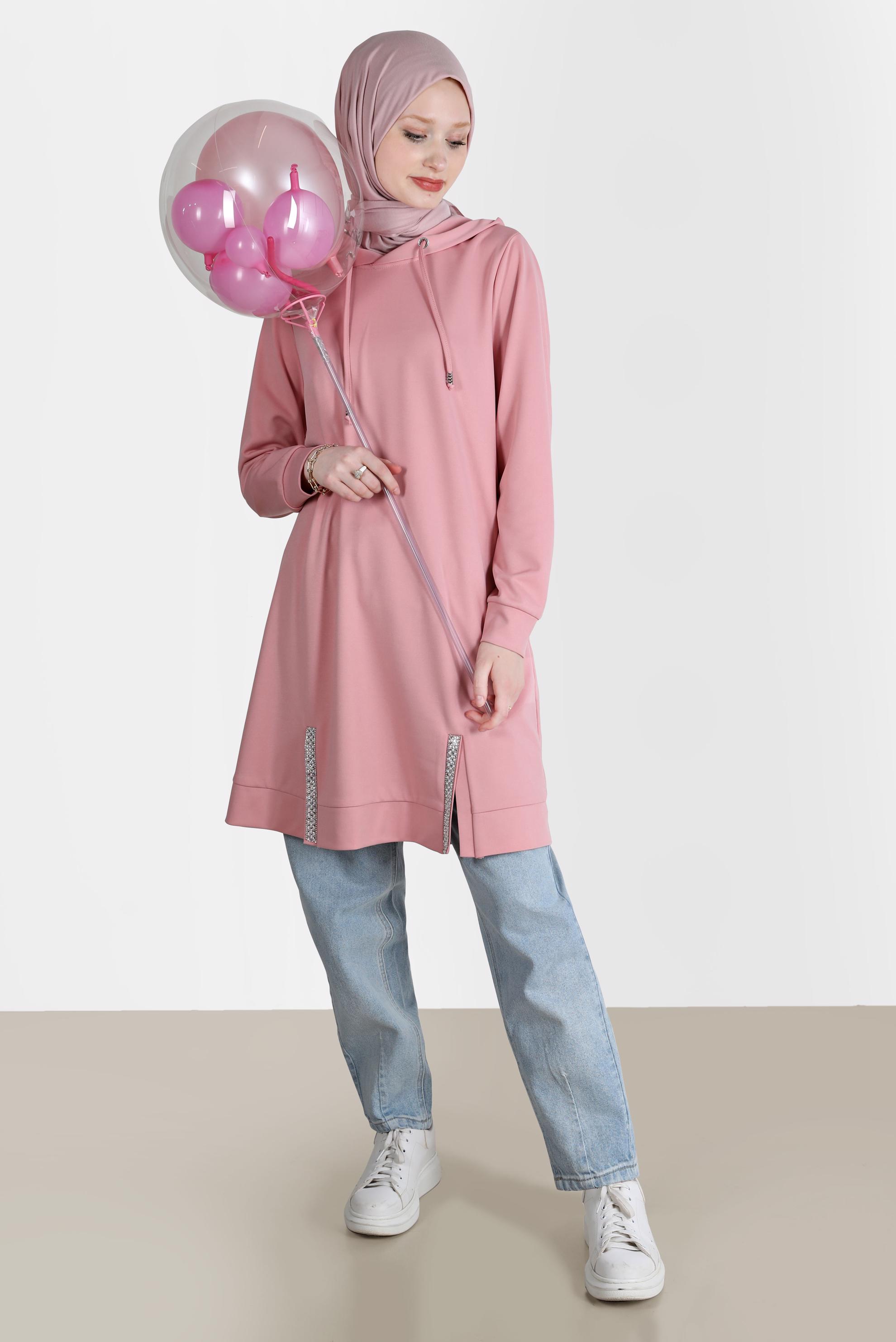 Tesettür giyim PUDRA TAŞ DETAYLI KAPÜŞONLU EŞOFMAN TUNİK 42574 