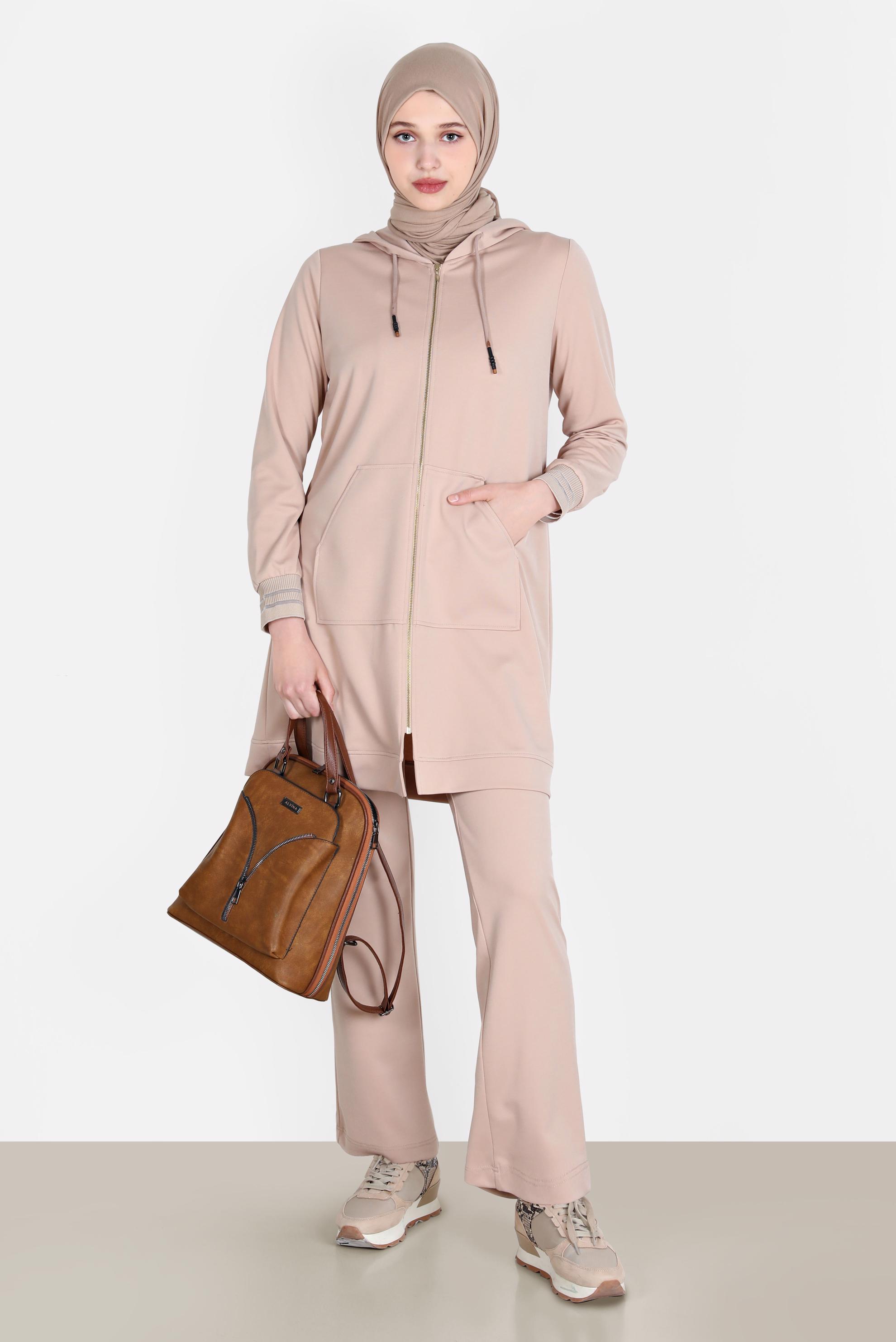 Tesettür giyim BEJ FERMUARLI BASIC İKİLİ PANT. EŞOFMAN TAKIM 42575 