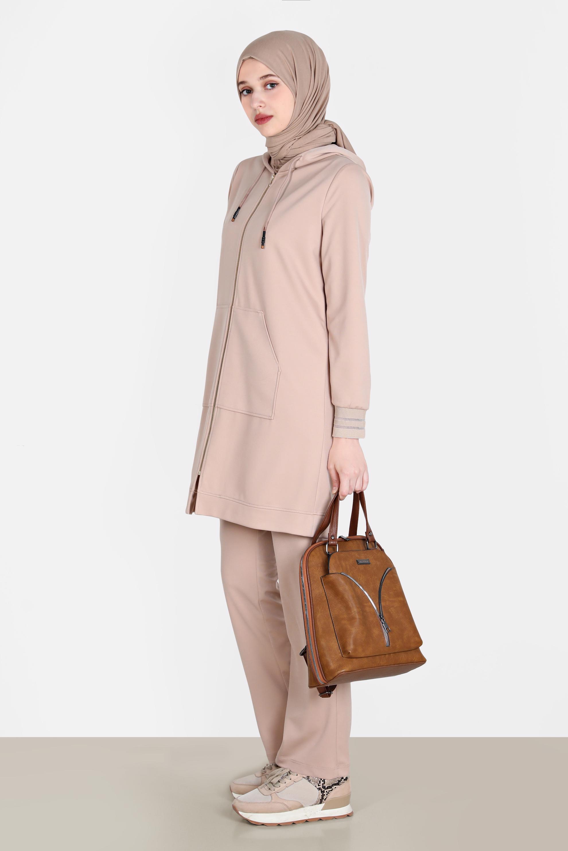 Tesettür giyim BEJ FERMUARLI BASIC İKİLİ PANT. EŞOFMAN TAKIM 42575 