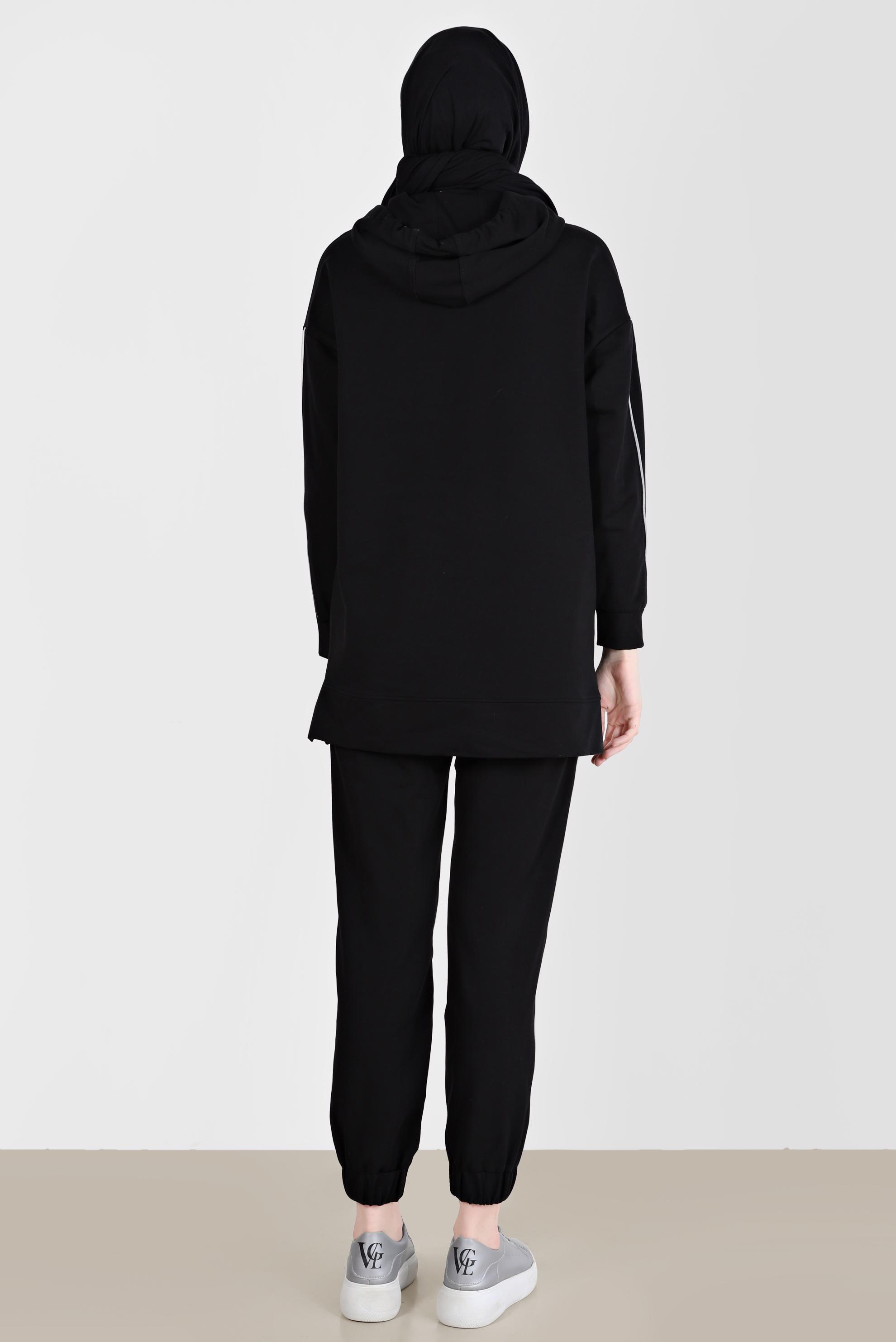 Tesettür giyim SİYAH KAPÜŞONLU ŞERİT DETAYLI İKİLİ PANTOLON EŞOFMAN TAKIMI 42594