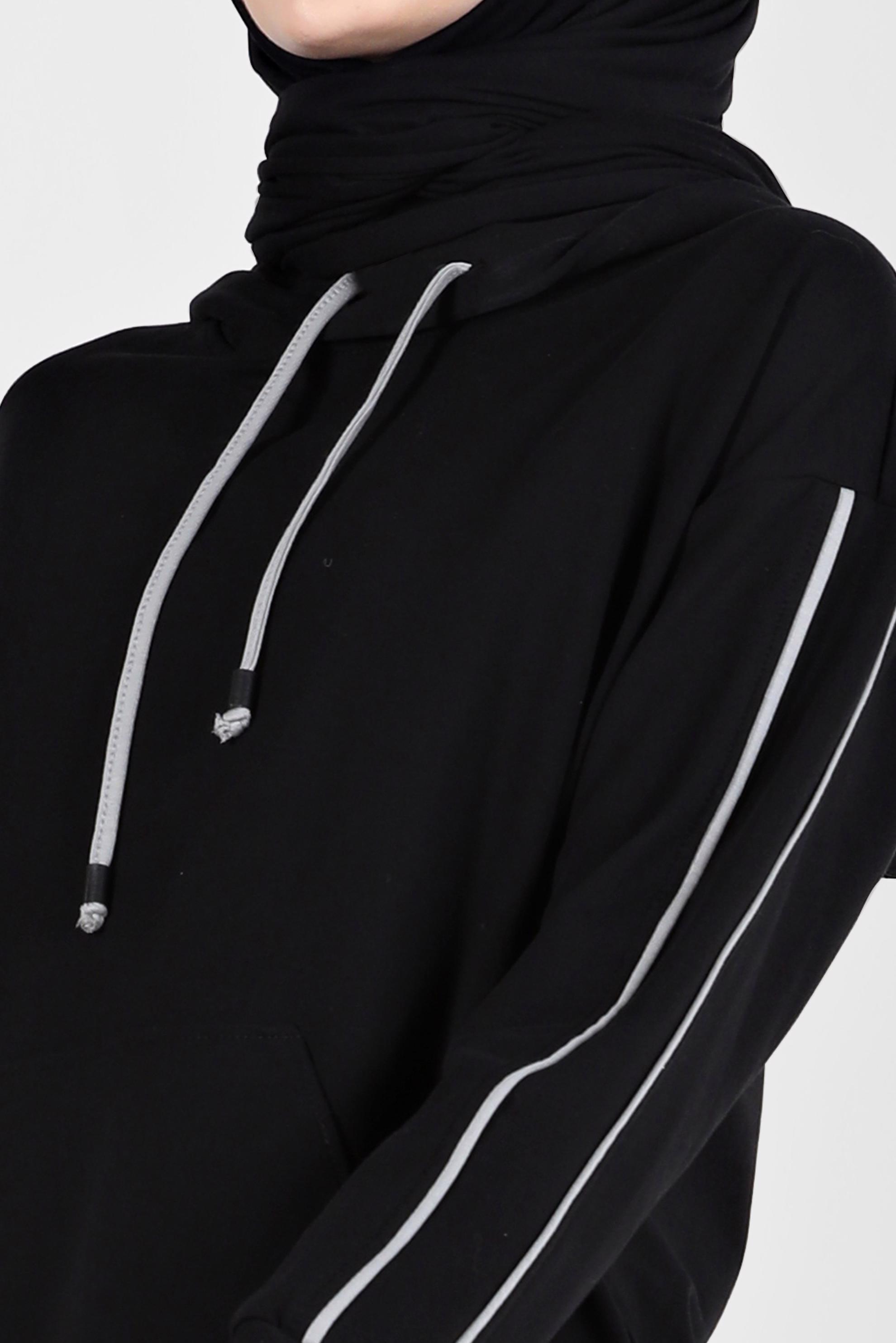 Tesettür giyim SİYAH KAPÜŞONLU ŞERİT DETAYLI İKİLİ PANTOLON EŞOFMAN TAKIMI 42594